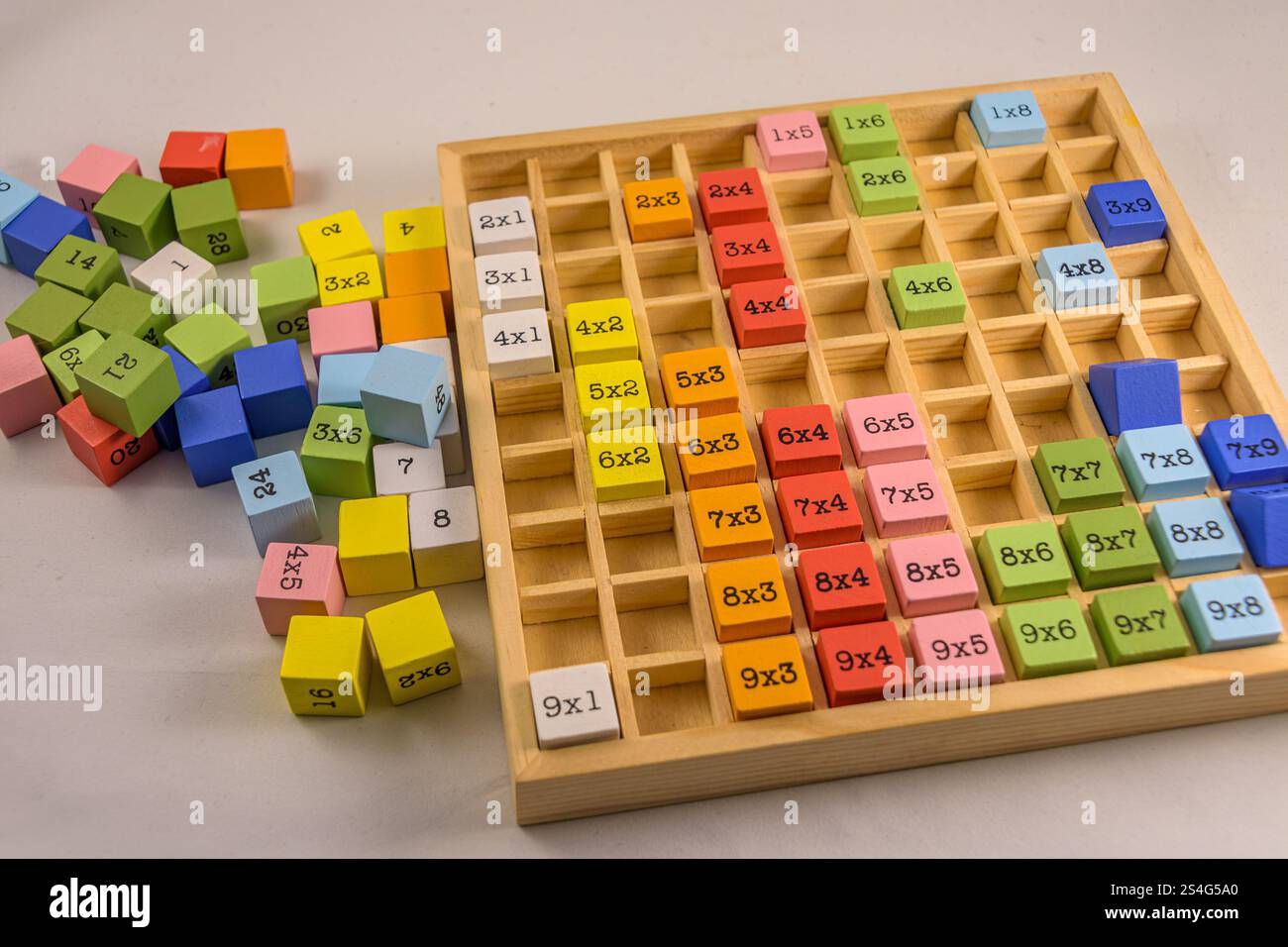Bunte hölzerne Multiplikationstabelle auf weißem Hintergrund Stockfoto