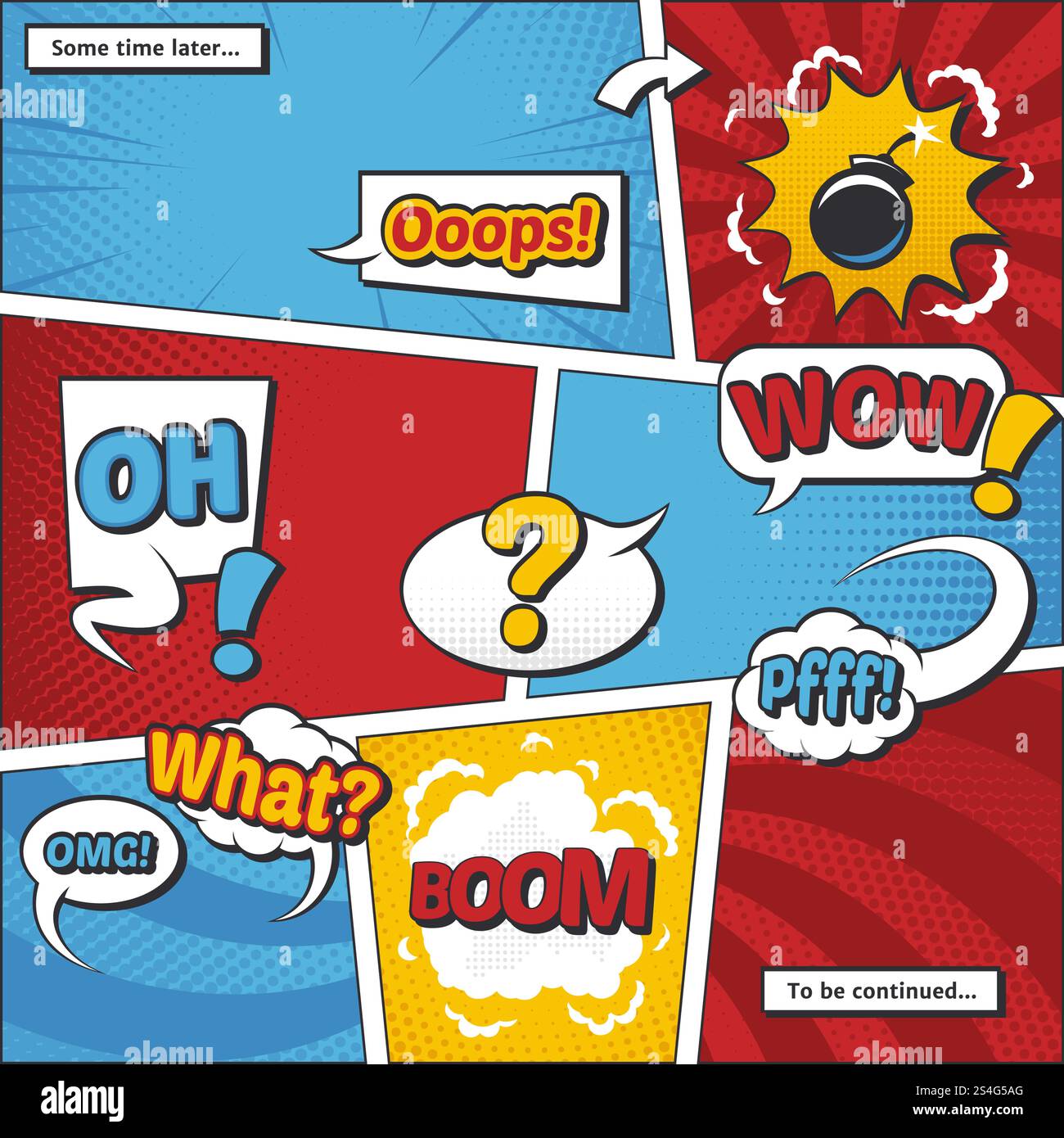 Comic-Buchseite Vektorvorlage mit Comic-Elementen und Comic-Wörtern in Blasen. Wolken-Cartoon-Halbton-Effekte der Illusion. Comic-Buchseite Vektorvorlage mit Comic-Elementen und Comic-Wörtern in Blasen Stock Vektor