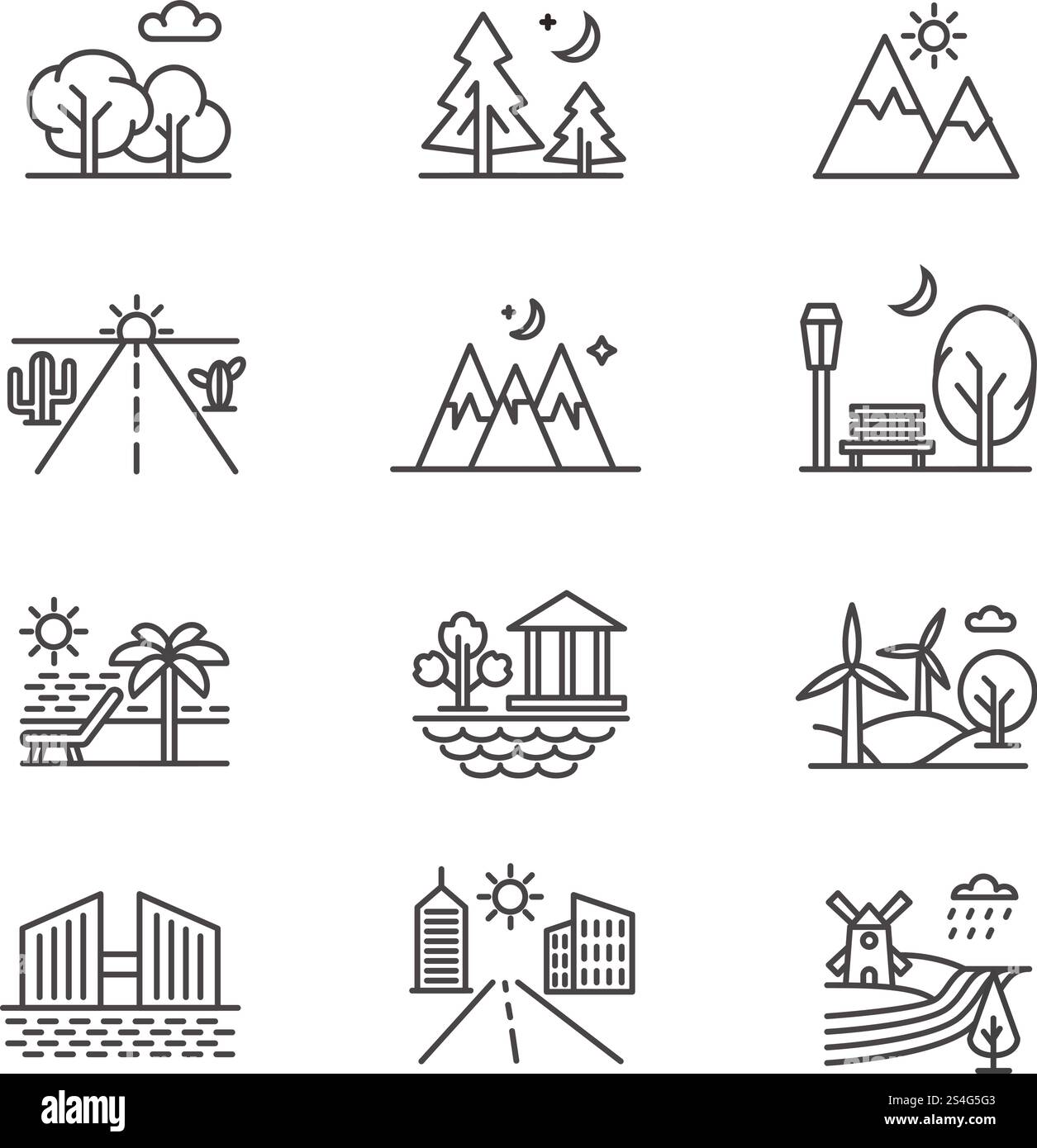 Naturlandschaften mit Baumwald, Wüste, Tal, Bergen und Küste. Vektor Natur Wald und Strand, Wüste und Landschaft Tal Illustration. Naturlandschaften mit Baumwald, Wüste, Tal, Bergen und Küste Stock Vektor