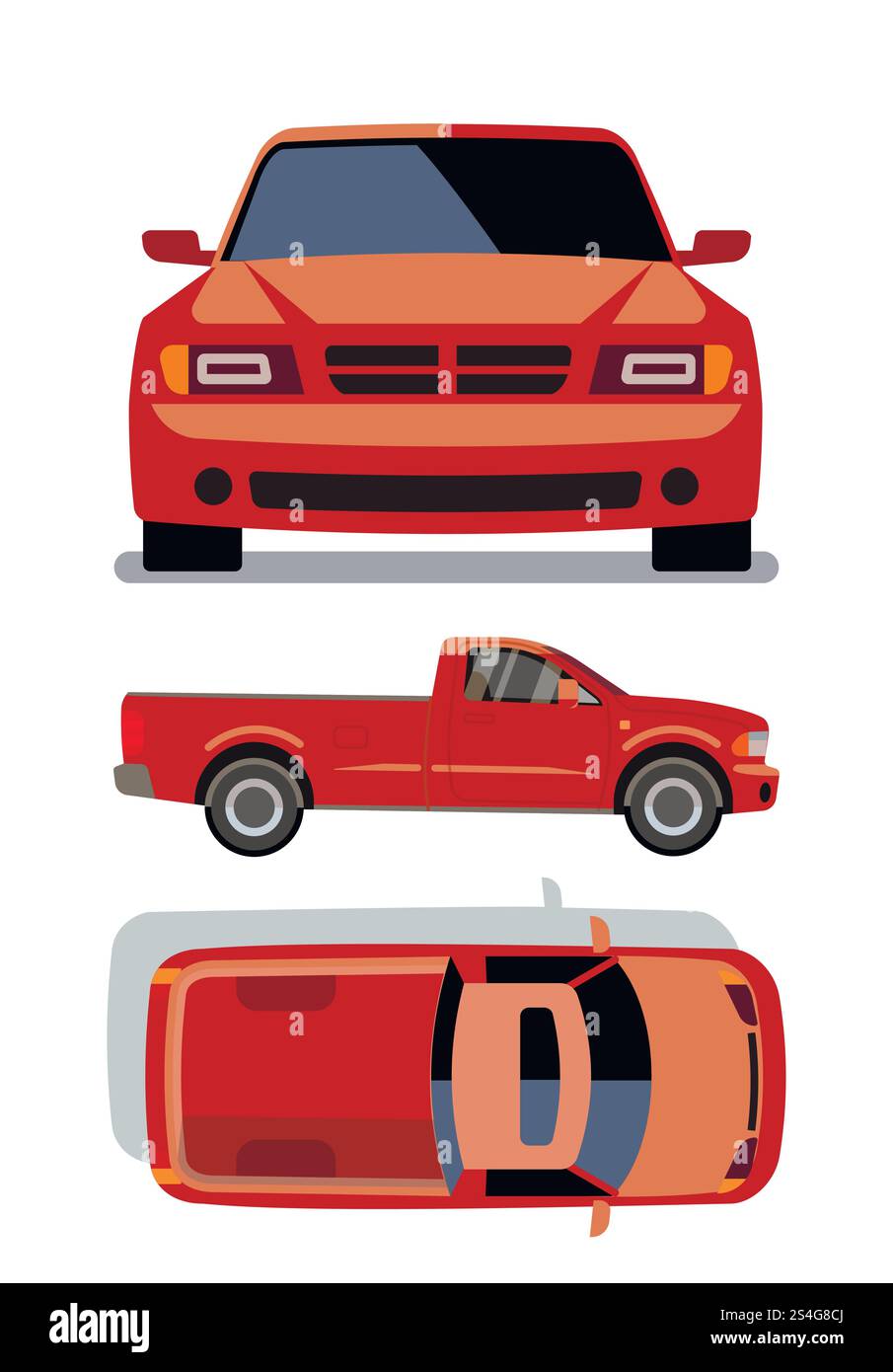Vektorflachwagen in verschiedenen Ansichten. Abbildung des orangefarbenen Pickup-Fahrzeugs. Vektorflachwagen in verschiedenen Ansichten. Orangefarbener Pickup Stock Vektor