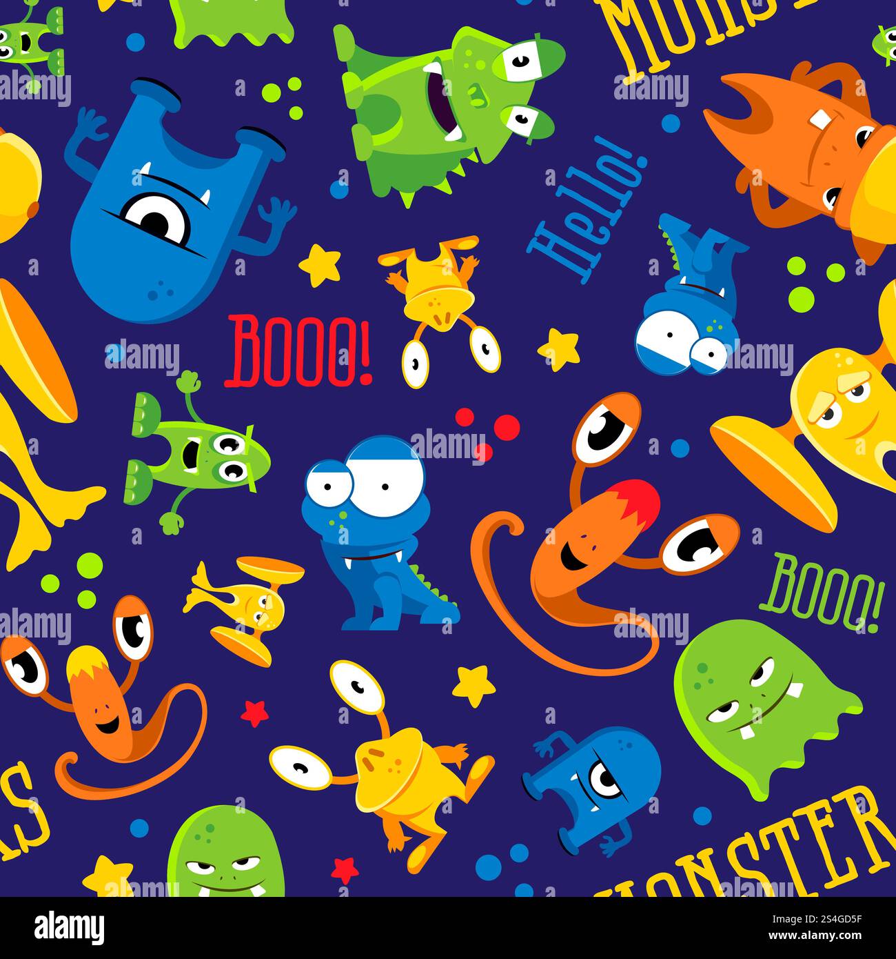 Nahtloses niedliches Muster mit Monstern, Blasen und Wörtern Hello, Farbmonster, Vektorillustration. Nahtloses, niedliches Muster mit Monstern, Blasen und Worten „Hallo, Monster“ Stock Vektor