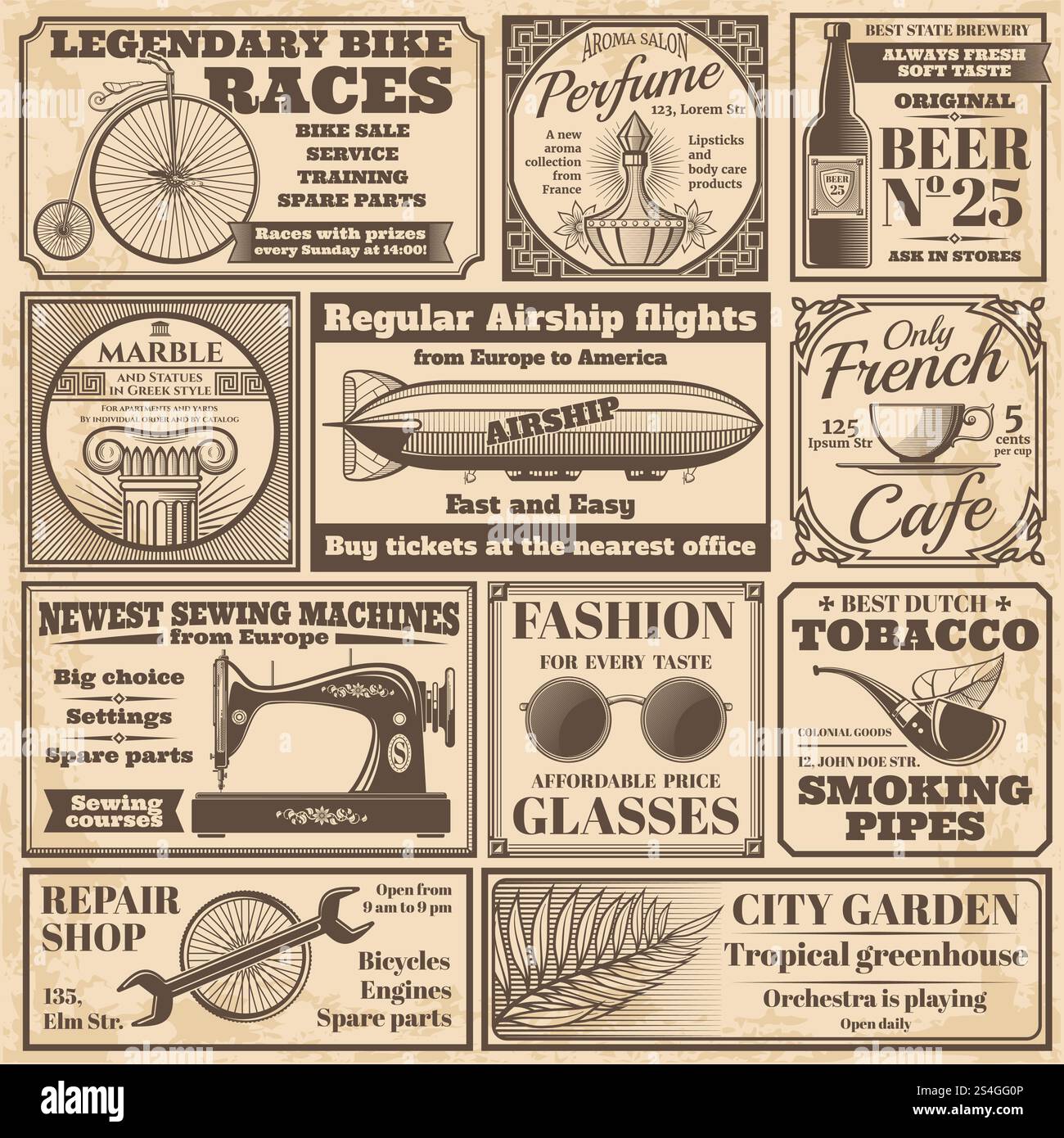 Vintage-Zeitungsbanner und Werbeschilder Vektor-Set. Zeitungswerbung, Presse Medien Papier Vintage Illustration. Vintage-Zeitungsbanner und Werbeschilder Vektor-Set Stock Vektor