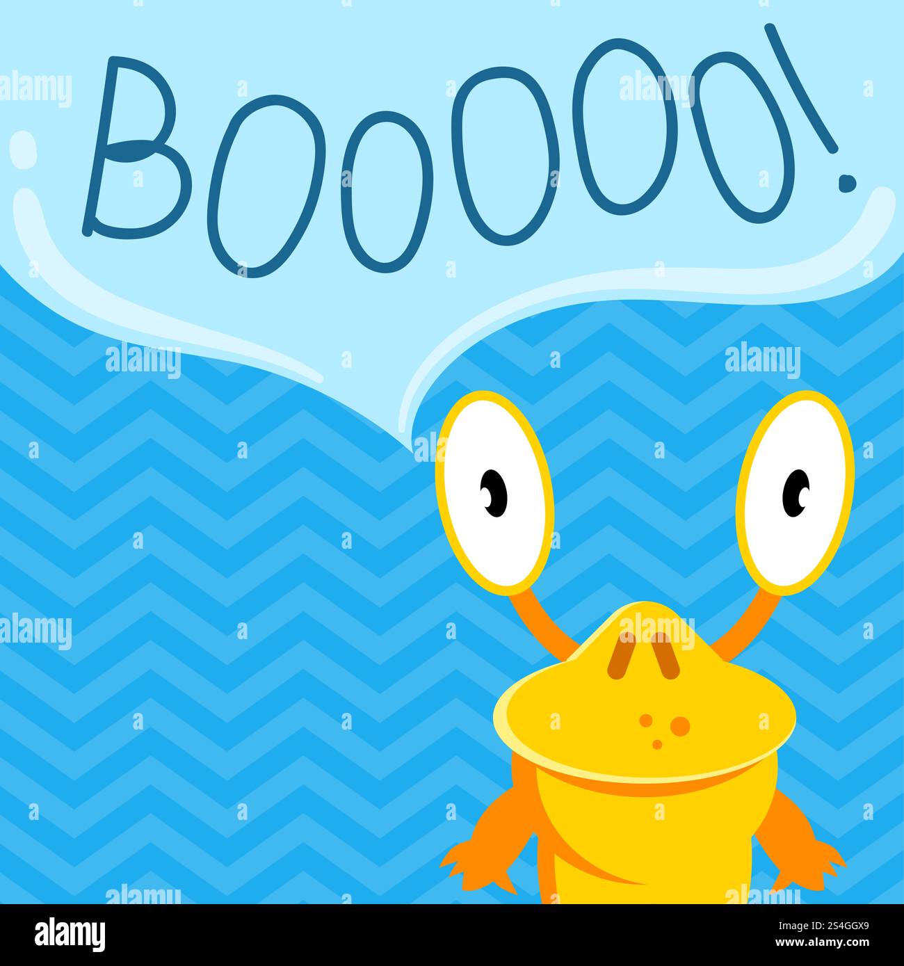 Vektor süßes Comic schreiendes Monster mit Sprechblase auf Zickzack-Hintergrund. Zeichentrickmonster-Sprechblase mit Wort-Buh-Illustration. Vektor süßes Comic schreiendes Monster mit Sprechblase auf Zickzack-Hintergrund Stock Vektor