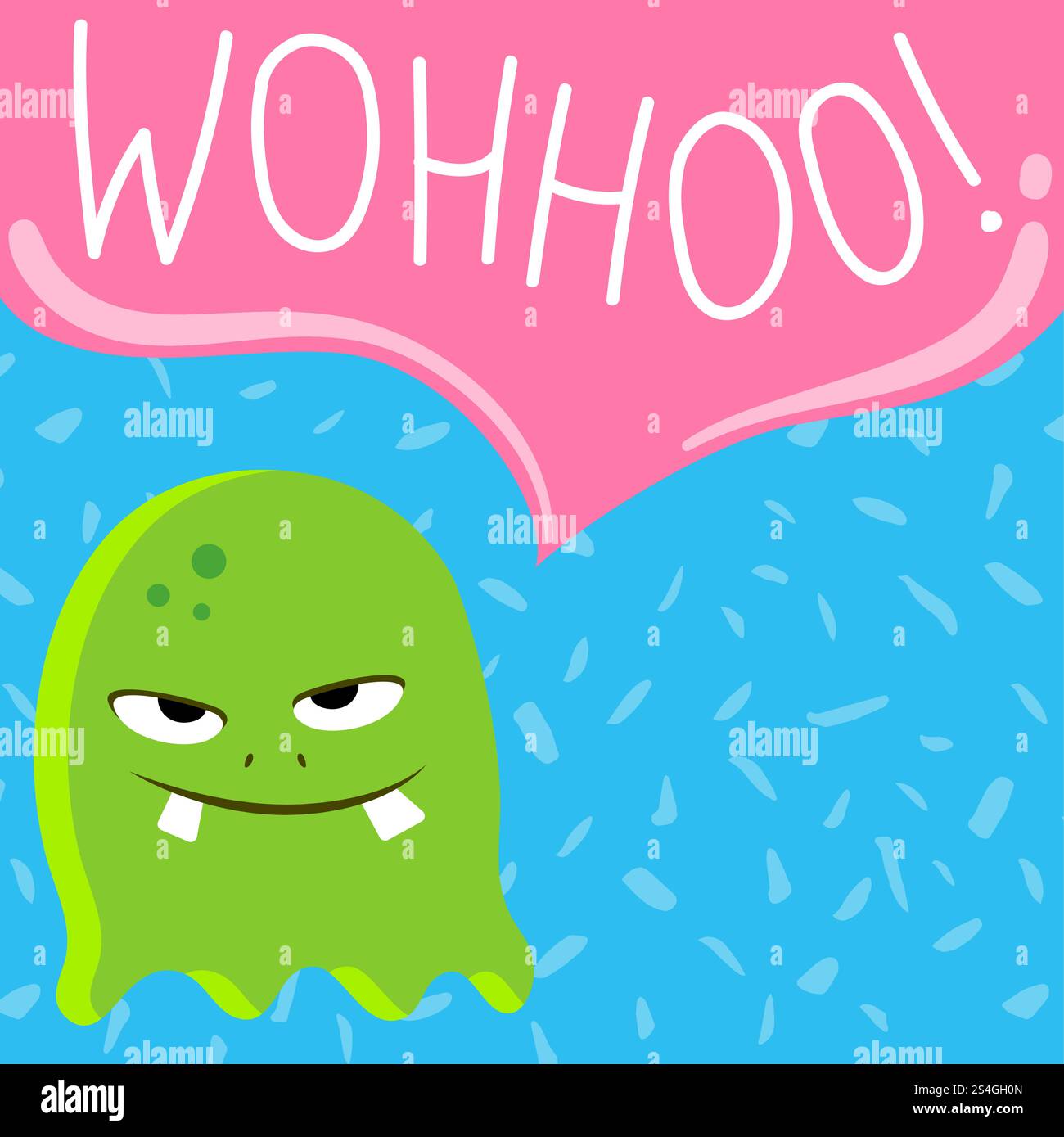 Vektor süßes Comic schreiendes Monster mit Sprechblase auf Konfetti Hintergrund. Lustige Monster sprechen Illustration. Vektor süßes Comic schreiendes Monster mit Sprechblase auf Konfetti Hintergrund Stock Vektor