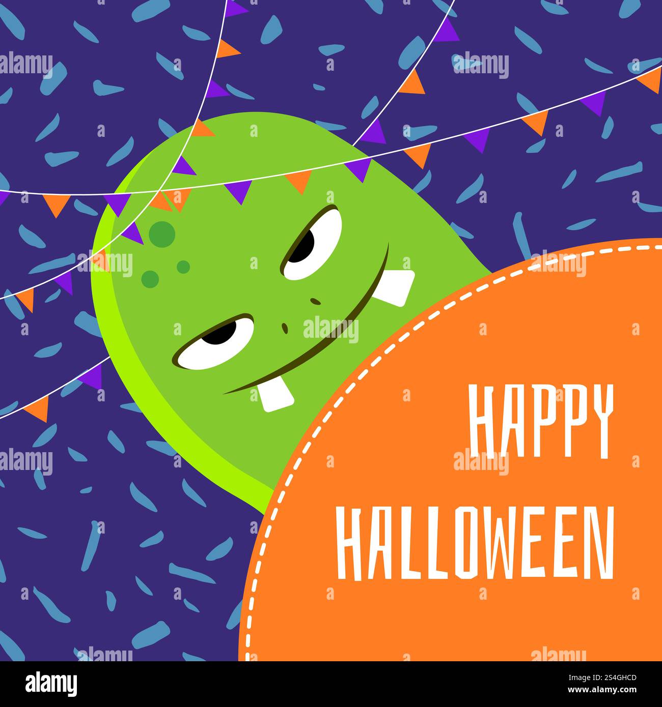 Vektorbanner glückliches halloween nette Cartoon grüne Monster Illustration mit Girlanden. Vector Happy halloween süße Zeichentrickmonster Illustration Stock Vektor