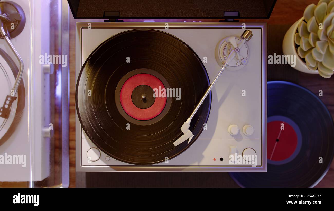 Plattenspieler mit Vinyl. Plattenspieler Vintage Vinyl, Retro Musik Audio Gerät 3D Illustration. Stockfoto