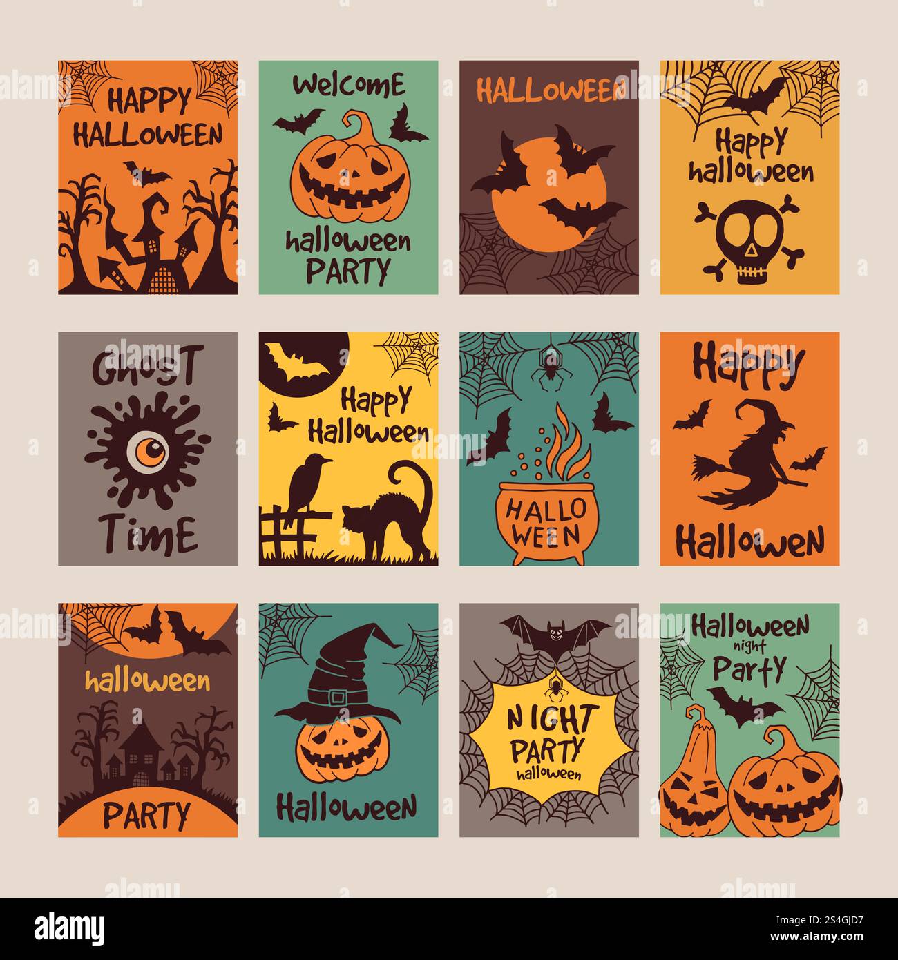 Halloween-Party-Einladungskarten mit verschiedenen gruseligen Illustrationen. Vektordesign-Vorlage mit Platz für Ihren Text. Halloween-Party-Einladungskarten mit verschiedenen gruseligen Illustrationen Stock Vektor
