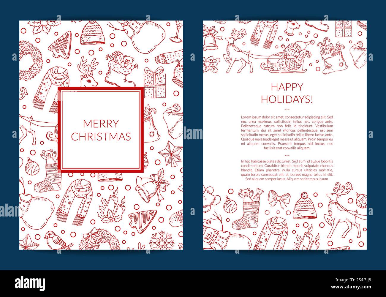Vektor Hand gezeichnete weihnachtselemente mit weihnachtsmann, Weihnachtsbaum, Geschenke und Glocken Kartenvorlage mit Rahmen und Platz für Textabbildung. Vektor Hand gezeichnete weihnachtselemente mit weihnachtsmann, Weihnachtsbaum, Geschenke und Glocken Kartenvorlage Stock Vektor