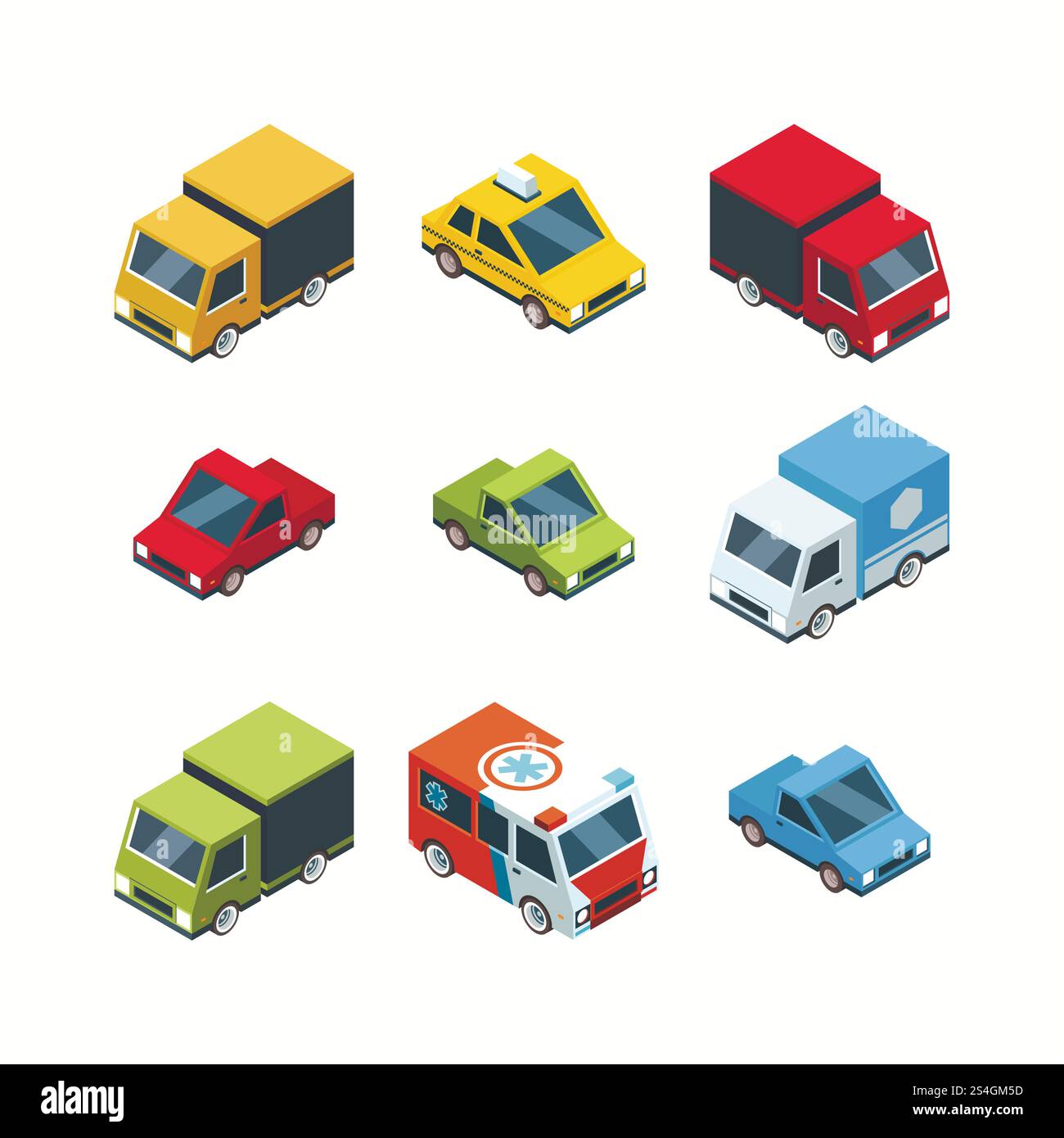 Set aus isometrischen Stadtautos im Cartoon-Stil. Isometrie des Transportwagens 3d, Vektorfahrzeug Ambulanz und Frachtwagen-Van Illustration. Set aus isometrischen Stadtautos im Cartoon-Stil Stock Vektor