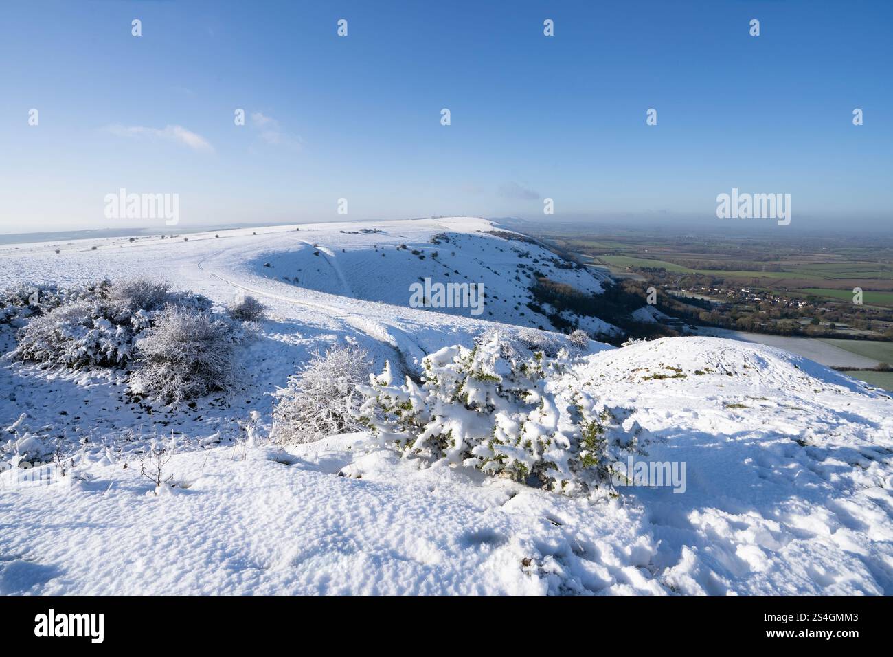 Eine Schneelandschaft am Devil's Dyke im South Downs National Park. Sussex, England, Großbritannien Stockfoto