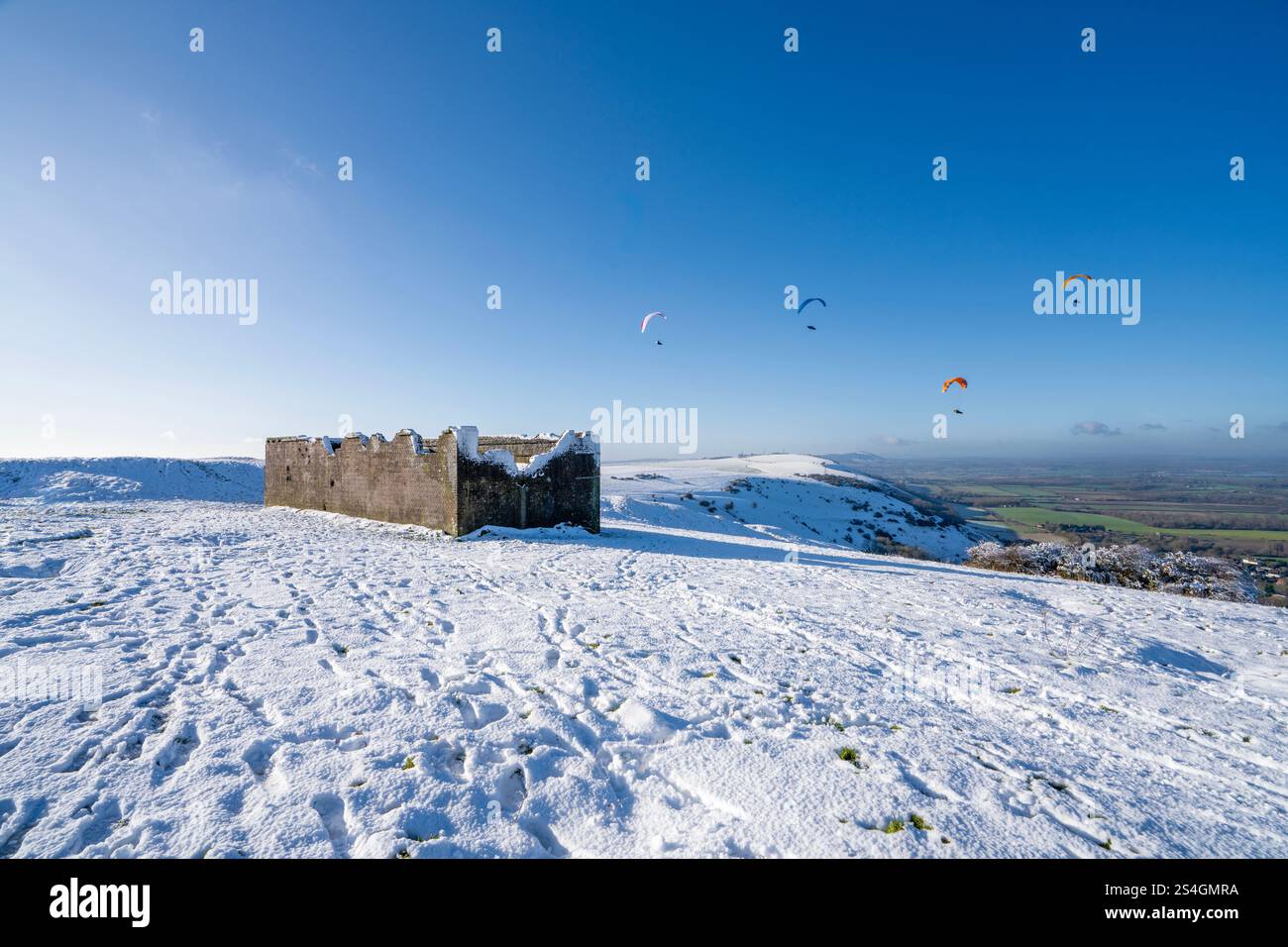 Eine Schneelandschaft am Devil's Dyke im South Downs National Park. Sussex, England, Großbritannien Stockfoto