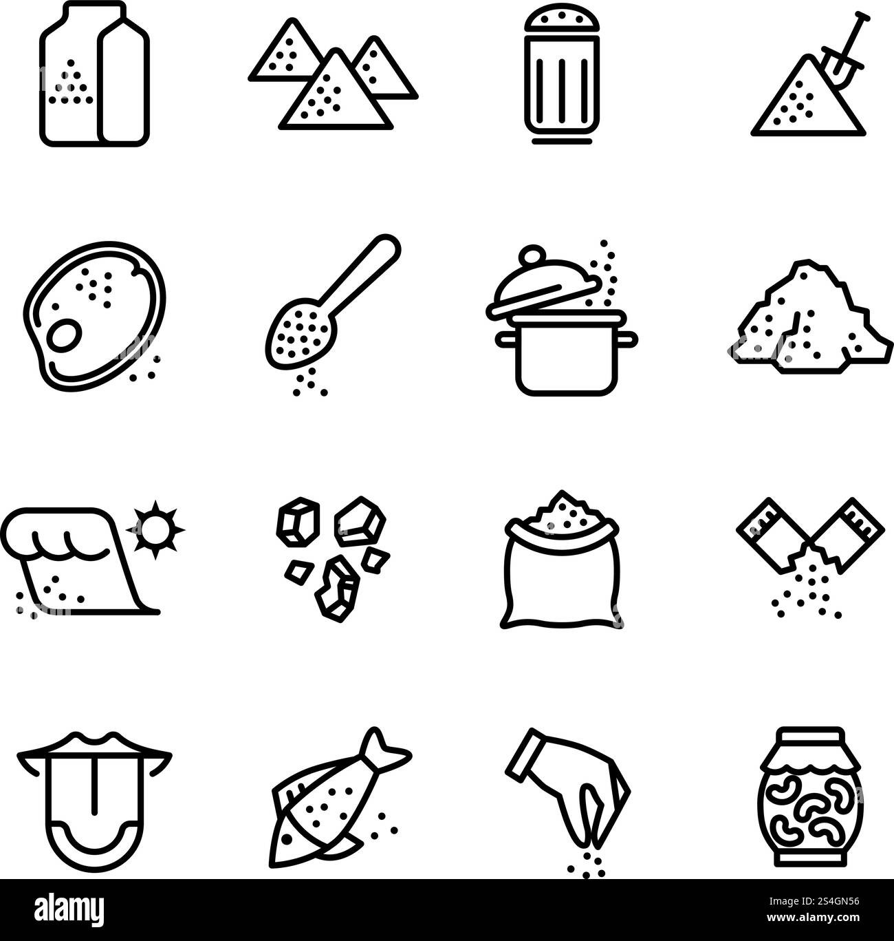 Salt-Vektorlinien-Symbole gesetzt. Abbildung: Salzsymbol für Fleisch und Fisch kochen. Salt-Vektorlinien-Symbole gesetzt Stock Vektor