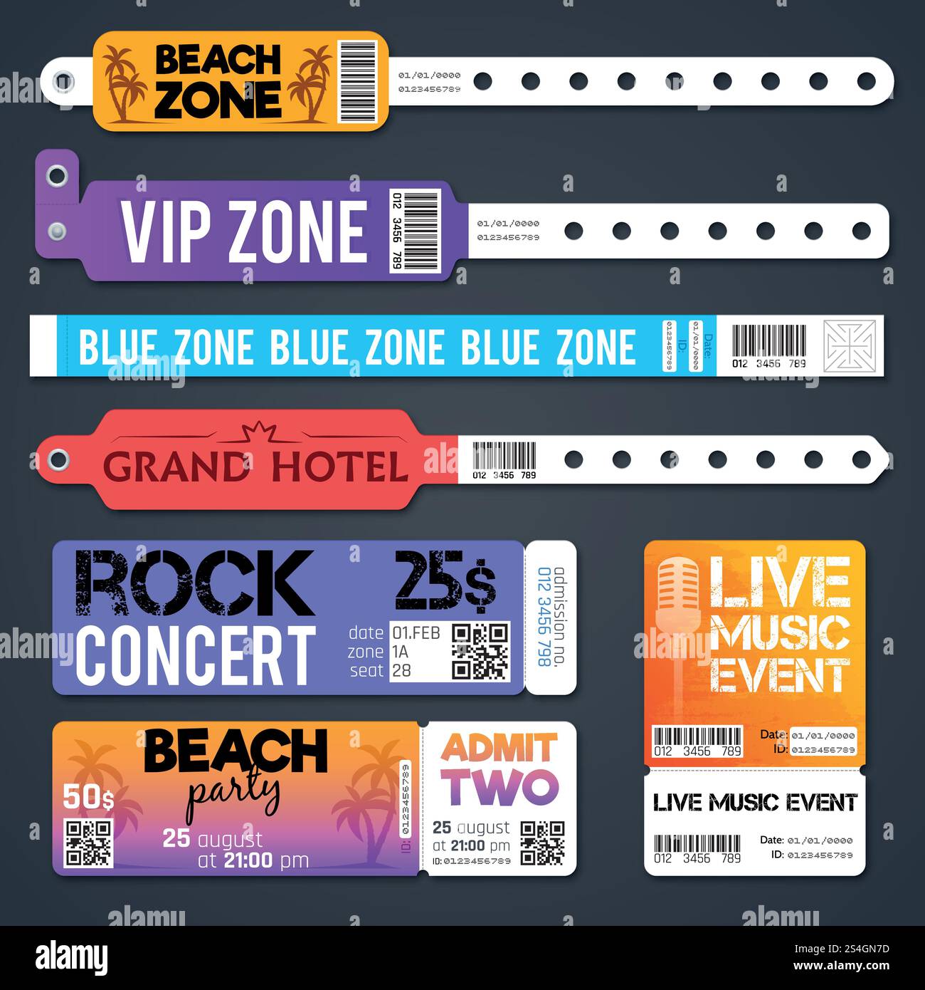 Vektorarmbänder für Veranstaltungen und Eintrittskarten für Stadionzonen isoliert. Armband zum Eintritt und zur Vorstellung von Konzert-Illustration. Vektorarmbänder für Veranstaltungen und Eintrittskarten für Stadionzonen isoliert Stock Vektor
