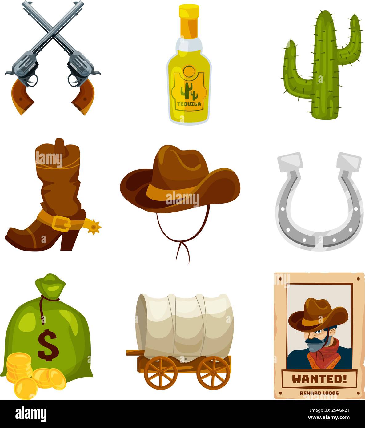 Zeichentricksymbole für wilde Westernmotive. Vektordarstellungen isoliert. Wilder westamerikanischer Westen, Kakteen und Hufeisen, Sack mit Geld und Tequila. Zeichentricksymbole für wilde Westernmotive. Vektordarstellungen isoliert Stock Vektor