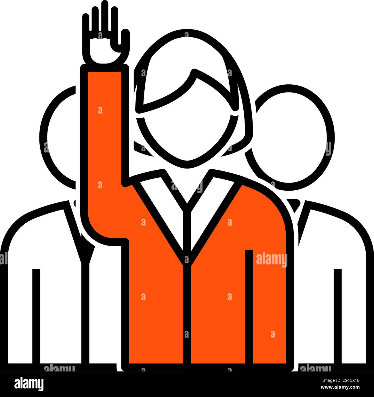 Abstimmung Dame mit Männer hinter Symbol. Dünne Linie mit orangefarbener Füllung Design. Vector Illustration. Stock Vektor