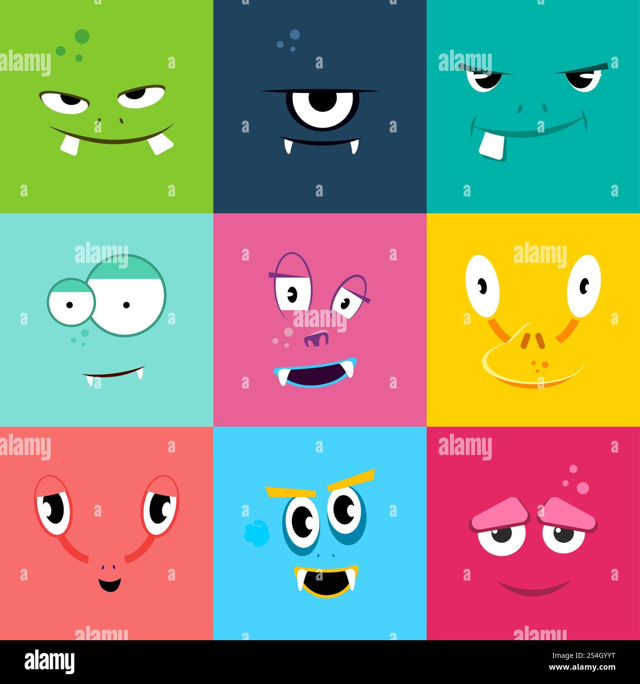 Set von Comicmonstern Gesichter mit verschiedenen Emotionen. Farbige, flache Monster-Gesichtsfiguren, Vektorillustration. Set von Comicmonstern Gesichter mit verschiedenen Emotionen Stock Vektor