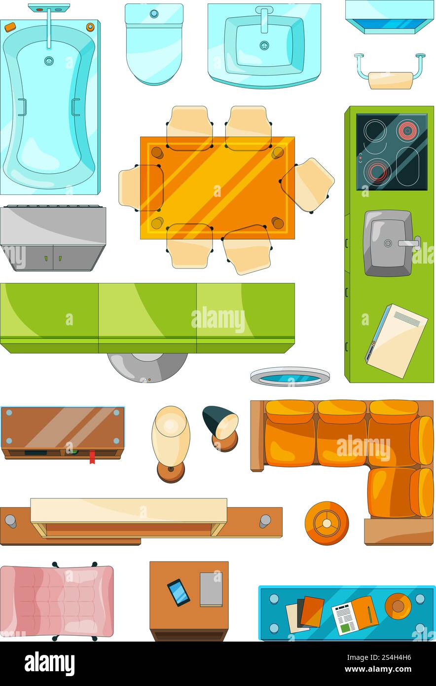Verschiedene Möbel für die Grundrisse der Wohnung. Vektorbilder legen die Draufsicht fest. Zimmer mit Innenraumgestaltung, Sofa und Tisch. Verschiedene Möbel für die Grundrisse der Wohnung. Vektorbilder legen die Draufsicht fest Stock Vektor