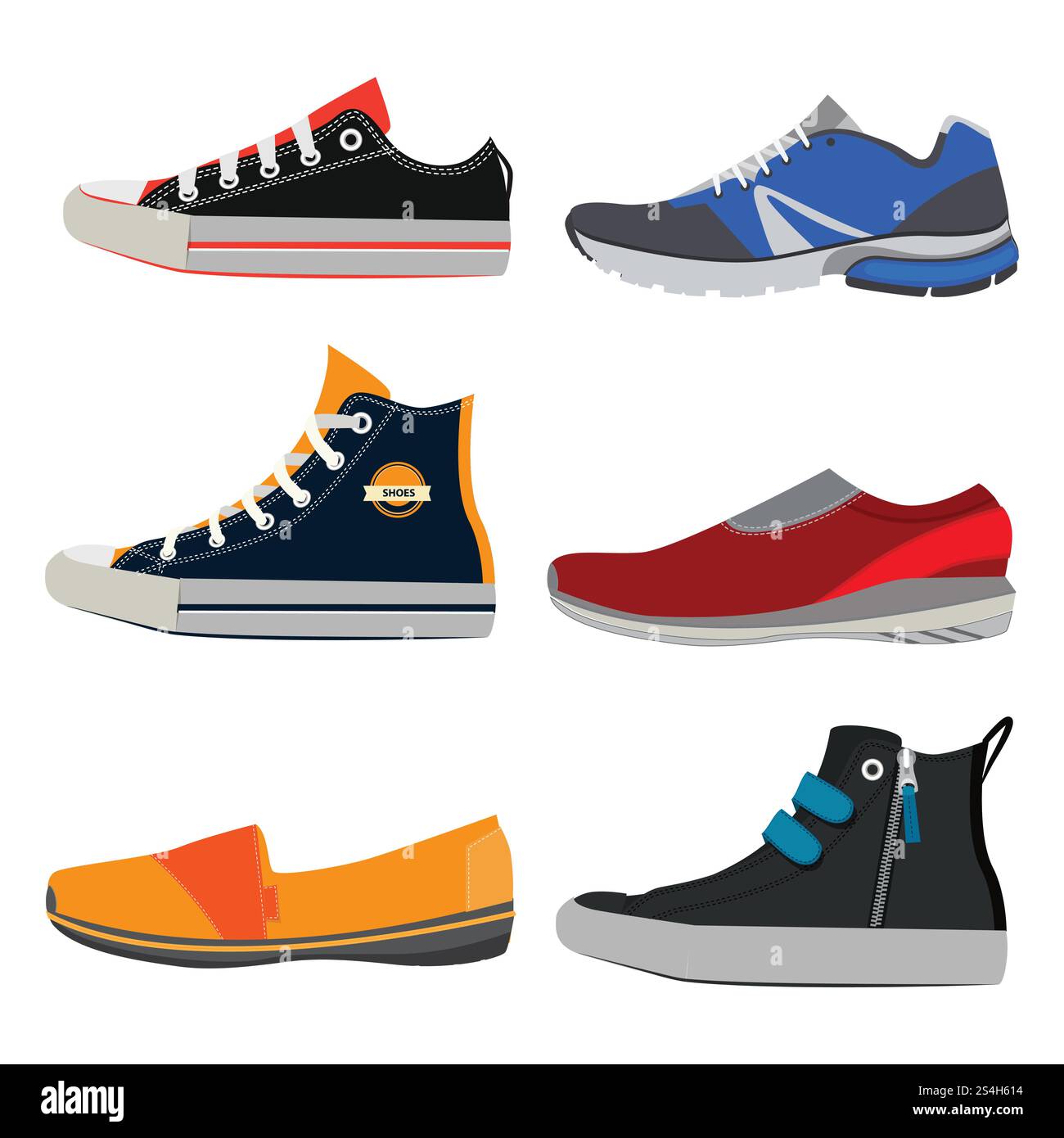 Sportschuhe für Teenager. Farbenfrohe Sneaker in verschiedenen Styles. Vektor-Illustrationen Set von Schuhen Schuh Training und trendigen, Fitness-Schuh. Sportschuhe für Teenager. Farbenfrohe Sneaker in verschiedenen Styles. Vektorillustrationen im Cartoon-Stil Stock Vektor