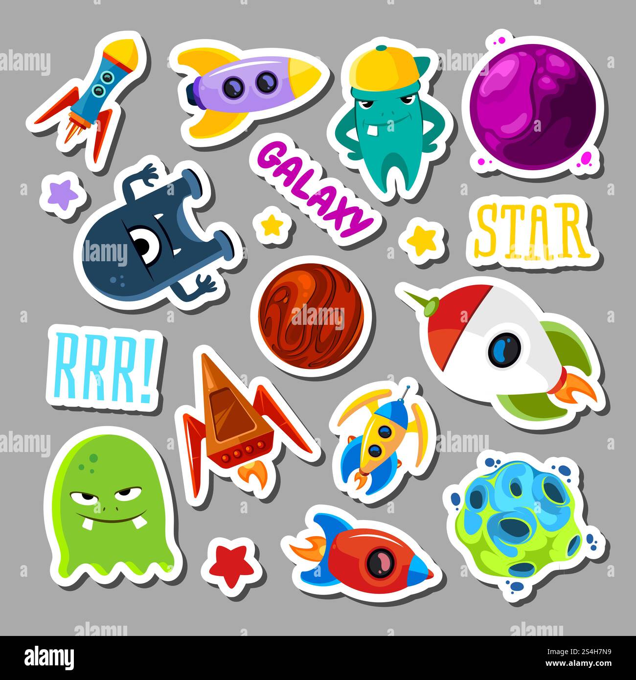 Set mit Aufklebern mit Weltraumobjekten und Monstern. Cartoon Vektor Illustration für Kinder. Monster Alien und UFO-Raumschiff-Sticker-Kollektion. Set mit Aufklebern mit Weltraumobjekten und Monstern. Cartoon Vektor Illustration für Kinder Stock Vektor