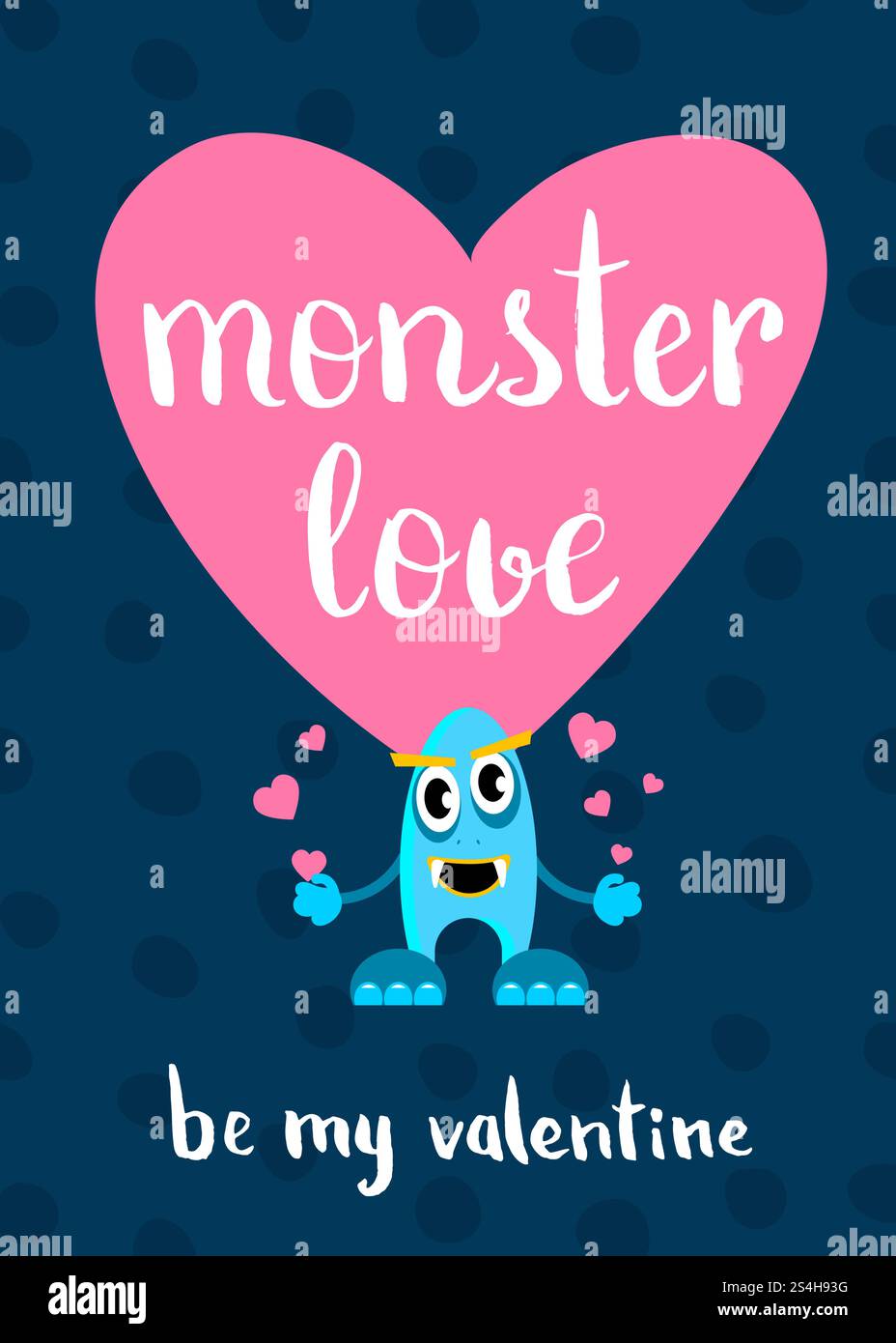 Vektor Valentinstag Monster Liebeskarte mit Herz, Comic Monster und Buchstaben. Sei mein valentinstag-Illustration-Banner. Vektor Valentinstag Monster Liebeskarte mit Herz, Comic Monster und Buchstaben Stock Vektor
