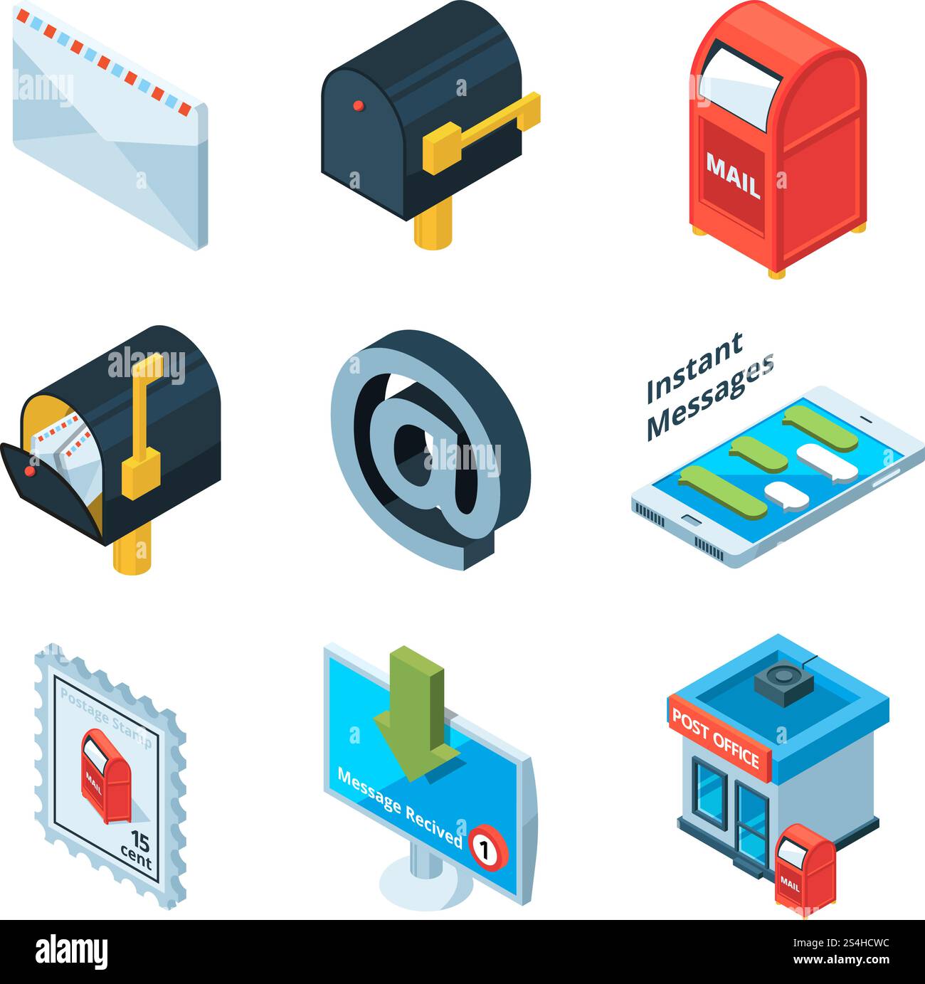 Unterschiedliche Postzeichen. Isometrische Bilder von Mailbox, Latters und E-Mail-Zeichen. Postfach und Postfach für Postversand, Umschlag und E-Mail. Vektorabbildung. Unterschiedliche Postzeichen. Isometrische Bilder von Mailbox, Latters und E-Mail-Zeichen Stock Vektor