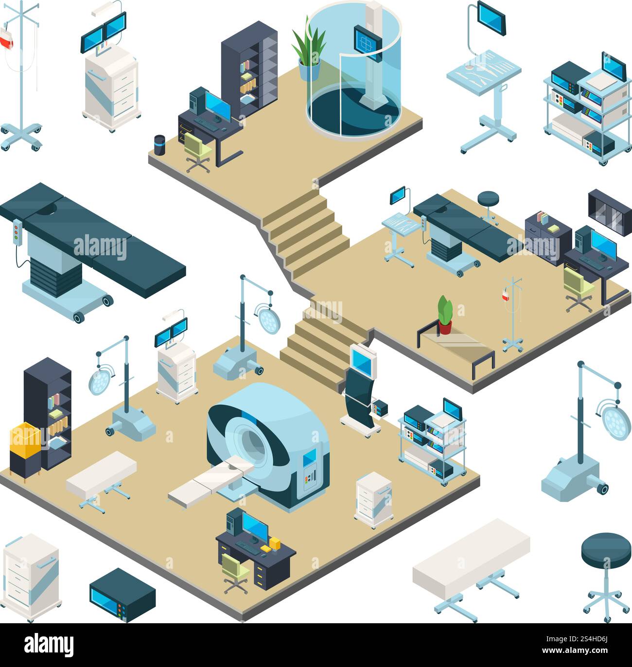 Krankenhausinnenraum mit verschiedenen medizinischen Geräten. Klinische Schränke. Beratungs- und Operationssäle. Isometrische Krankenhausausstattung, Innenraum des Schrankes mit Röntgen- und mrt. Vektorabbildung. Krankenhausinnenraum mit verschiedenen medizinischen Geräten. Klinische Schränke. Beratungs- und Operationssäle Stock Vektor