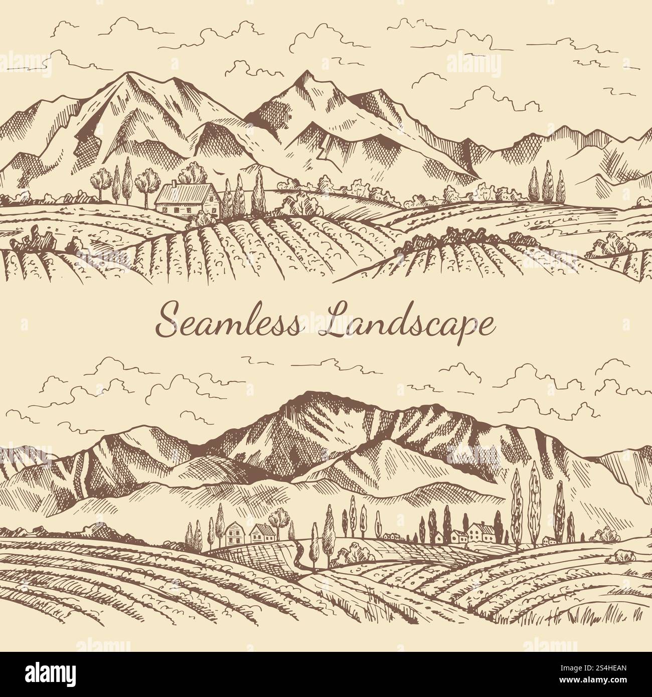 Nahtlose Bilder von Naturlandschaften. Illustrationen zu Weinbergen oder Landschaften. Vektor Weinberg und Berg, Natur Feld Landschaft. Nahtlose Bilder von Naturlandschaften. Illustrationen zu Weinbergen oder Landschaften Stock Vektor