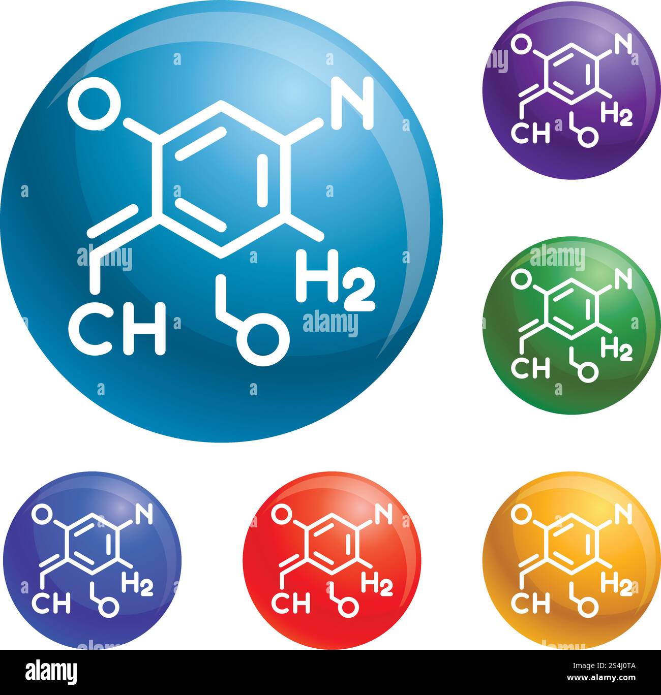 Symbole für chemische Formeln legen die Vektor-6-Farbe auf weißem Hintergrund fest. Symbole für chemische Formeln legen den Vektor fest Stock Vektor