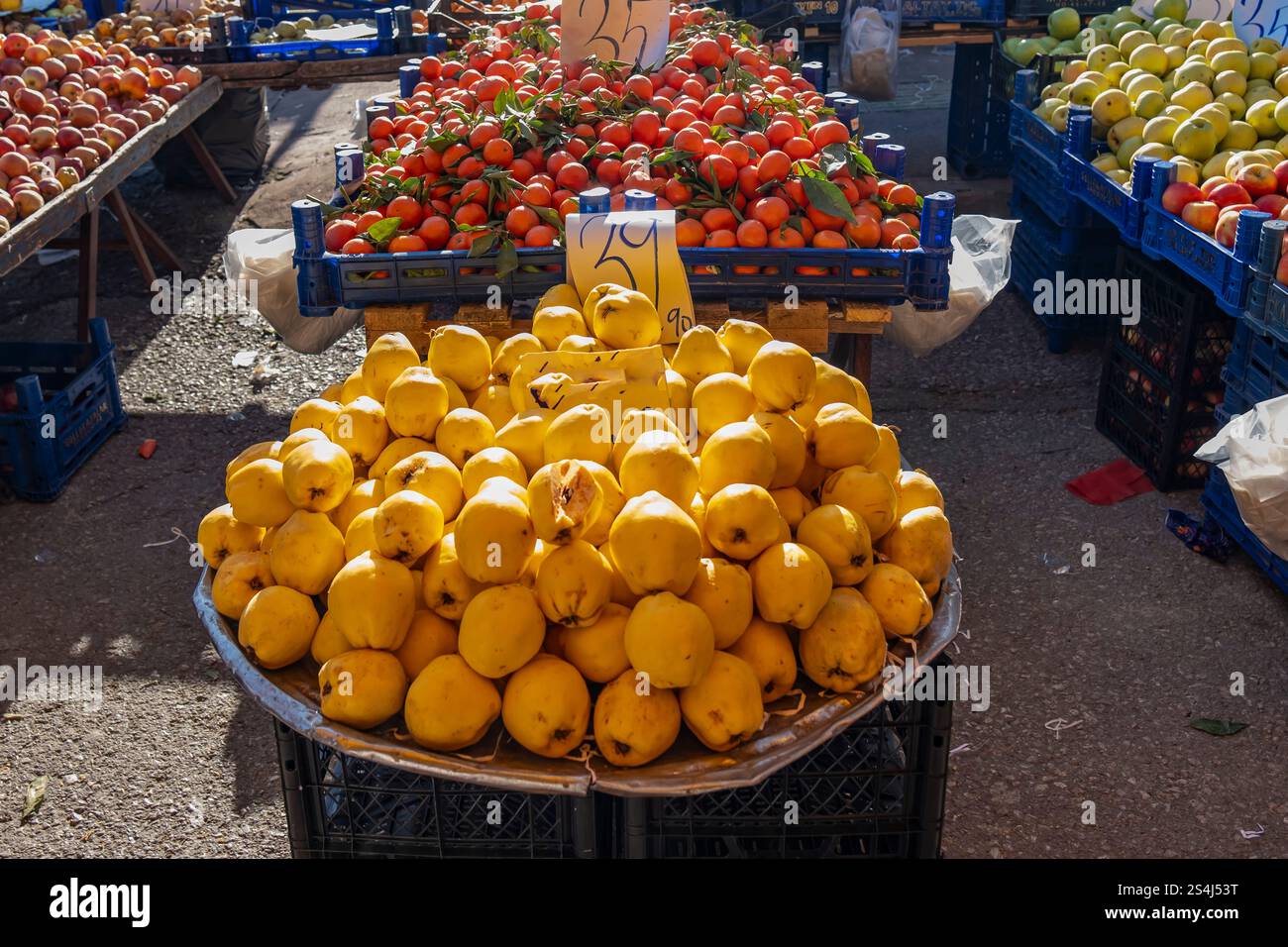 Ein Haufen gelber Zitronen sitzt auf einem Tisch vor einem Obststand. Die Zitronen sind hoch gestapelt, und es gibt auch mehrere andere Früchte. T Stockfoto