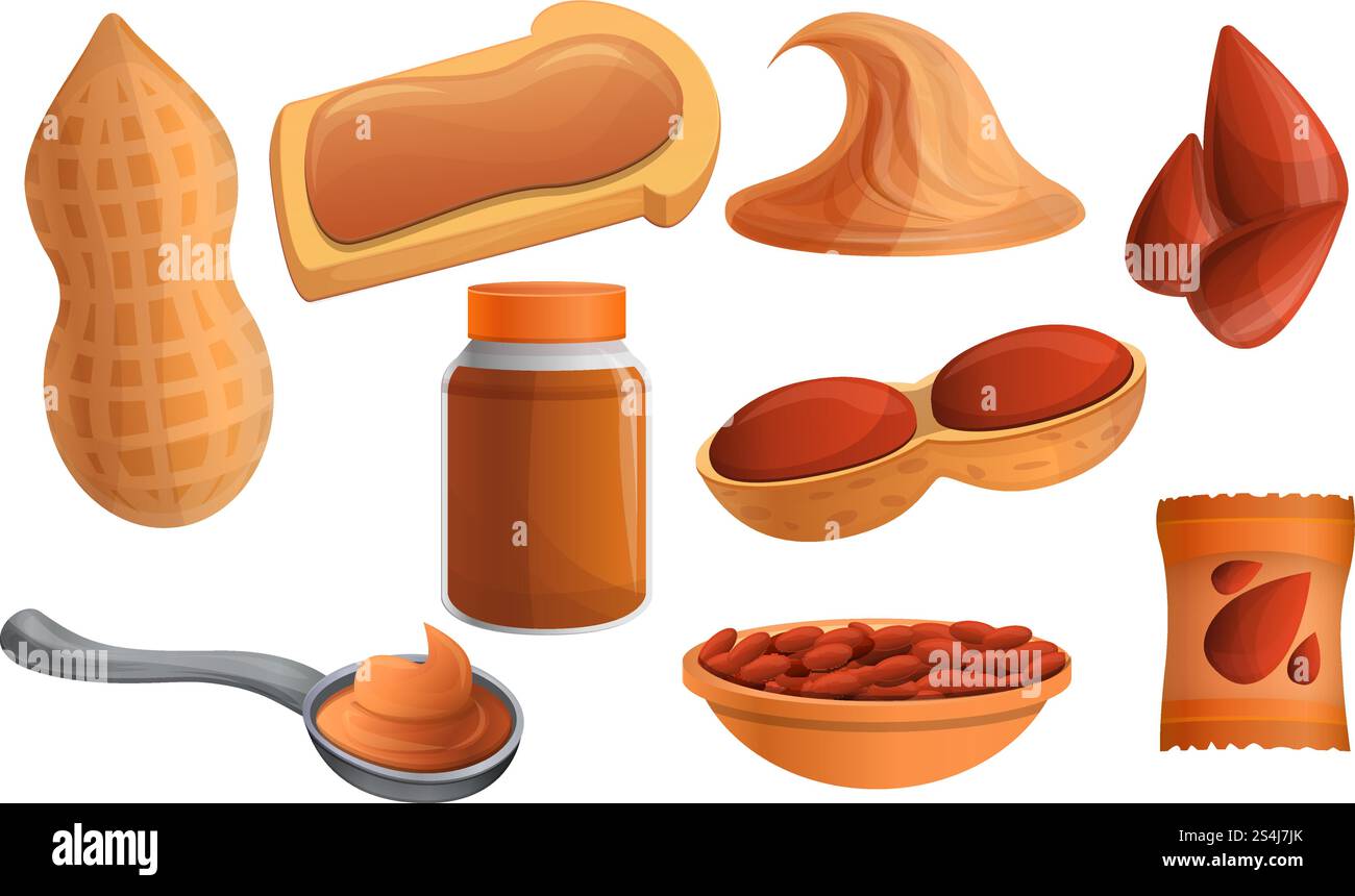 Erdnuss-Symbolsatz. Zeichentricksatz von Erdnuss-Vektor-Symbolen für Web-Design. Erdnuss-Symbol-Set, Cartoon-Stil Stock Vektor