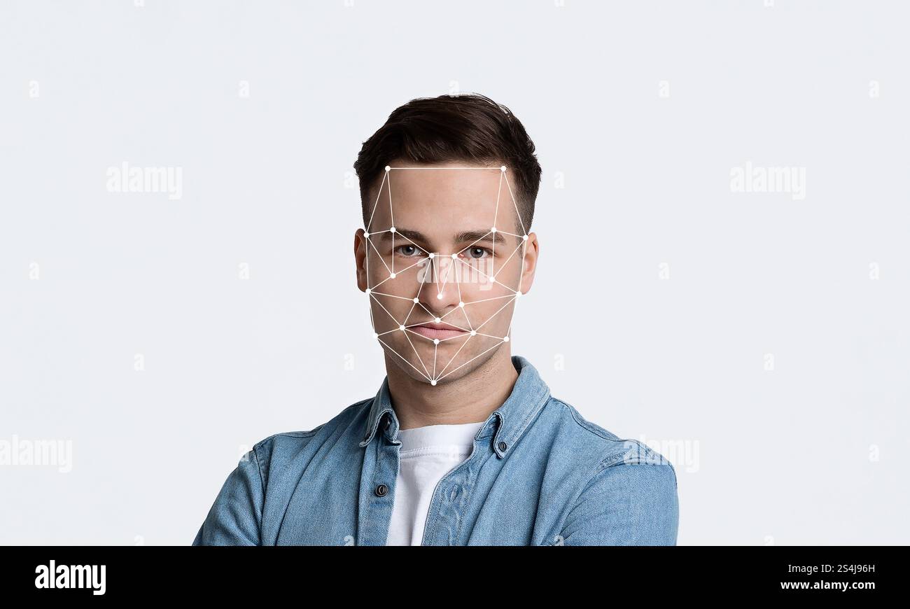 Gesichtserkennungstechnologie zur Demonstration des Identifizierungsprozesses am Modell Stockfoto