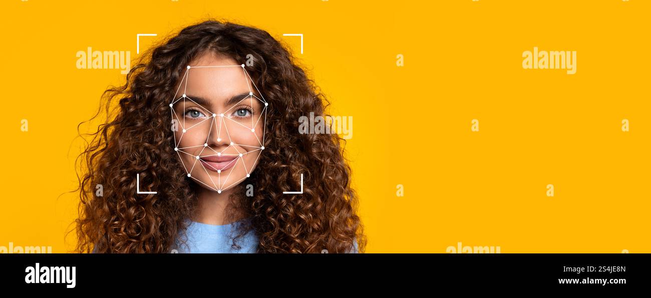 Gesichtserkennungstechnologie, die auf das Gesicht einer Frau mit hellem Hintergrund angewendet wird Stockfoto