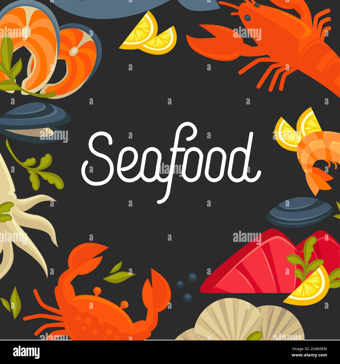 Werbeplakat für Meeresfrüchte mit Schild und Produkten. Leckerer Lachs, Meereskrabben, riesiger Hummer, Königsgarnelen, exotische Tintenfische und frische Muscheln Cartoon flache Vektorillustrationen auf schwarzem Hintergrund. Werbeplakat für Meeresfrüchte mit Schild und Produkten Stock Vektor