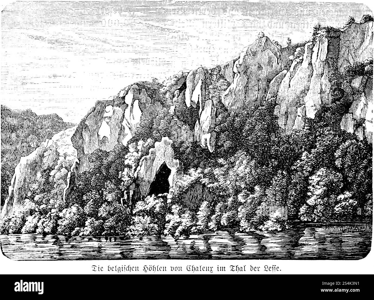 Die Aiguilles de Chaleux, prähistorische belgische Höhlen von Chaleux im Tal der Lesse bei Hulsonniaux, Wallonien, bergige Landschaft, steiles roc Stockfoto