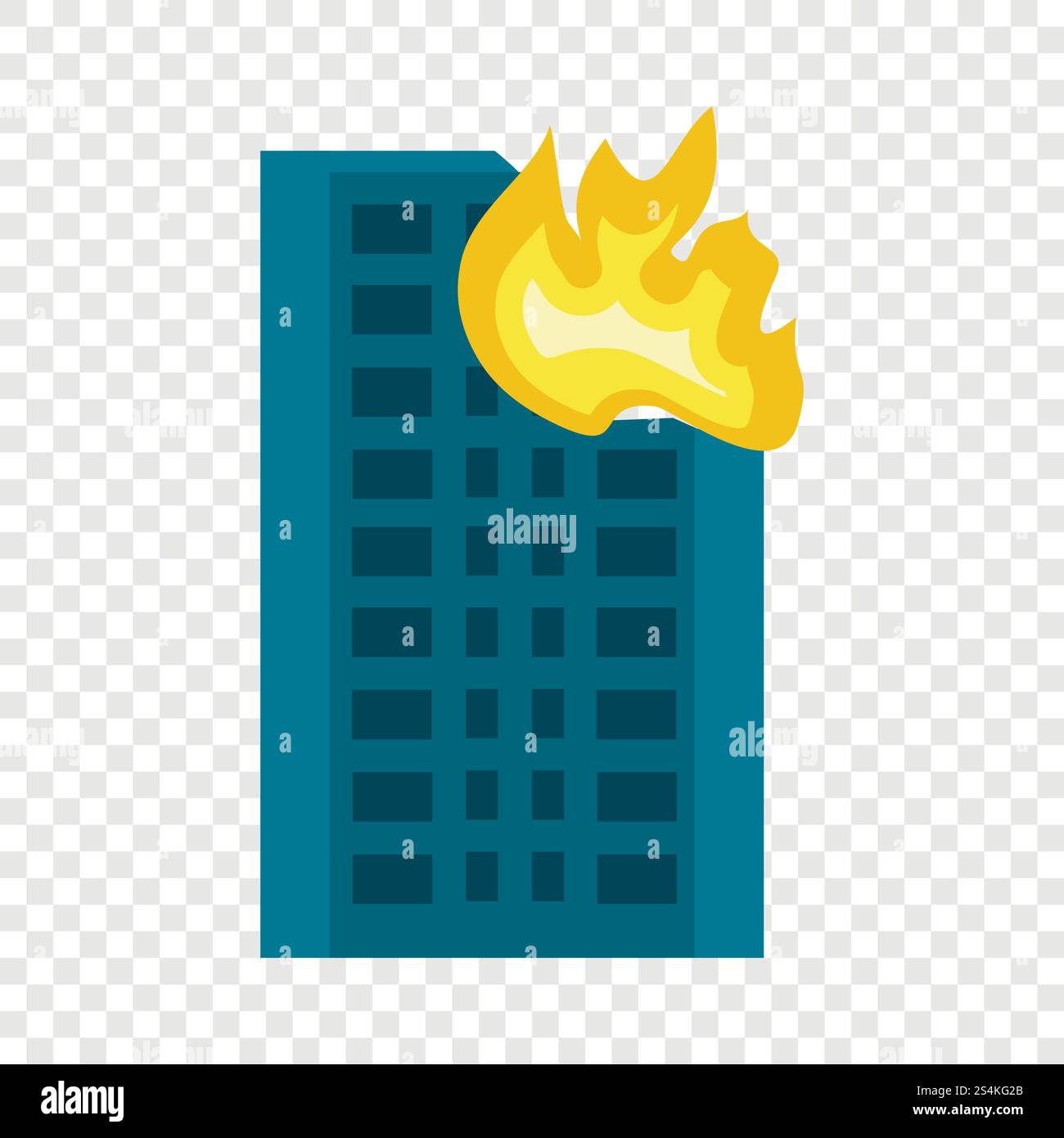 Symbol des Stadtgebäudes im Feuer. Flache Illustration des Stadtgebäudes im Brandvektorsymbol für Webdesign. Stadtgebäude im Feuersymbol, flacher Stil Stock Vektor