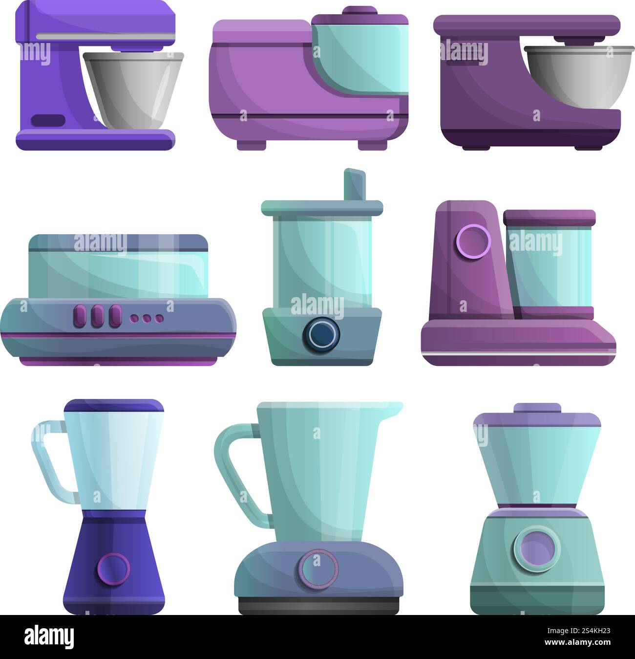Symbolsatz der Küchenmaschine. Zeichentricksatz von Lebensmittelprozessor-Vektorsymbolen für Webdesign. Icon-Set der Küchenmaschine, Cartoon-Stil Stock Vektor