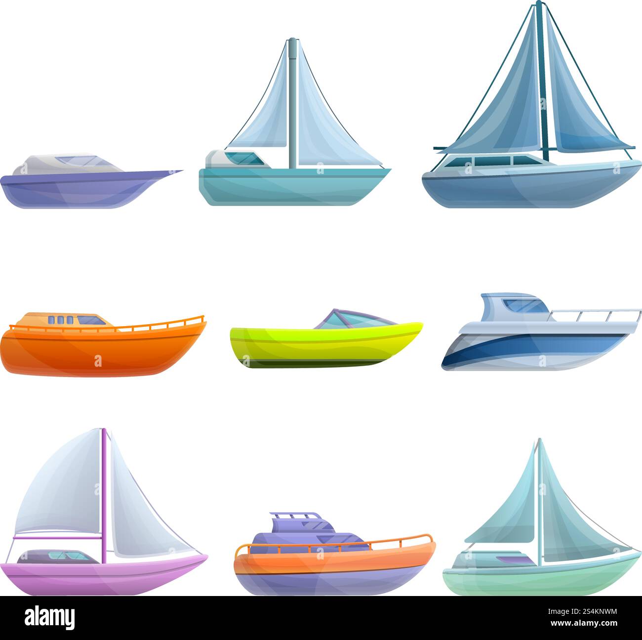 Yachtsymbole eingestellt. Zeichentricksatz von Yachtvektorsymbolen für Webdesign. Yachtsymbole Set, Cartoon-Stil Stock Vektor