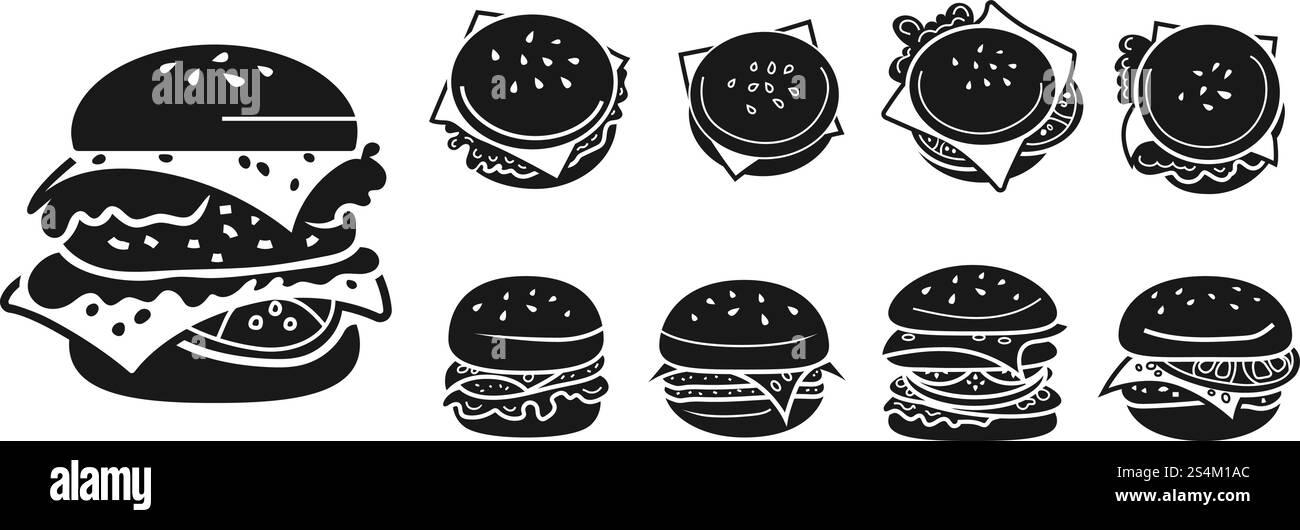 Burger-Symbole eingestellt. Einfacher Satz Burger-Vektorsymbole für Webdesign auf weißem Hintergrund. Burger-Symbole gesetzt, einfacher Stil Stock Vektor