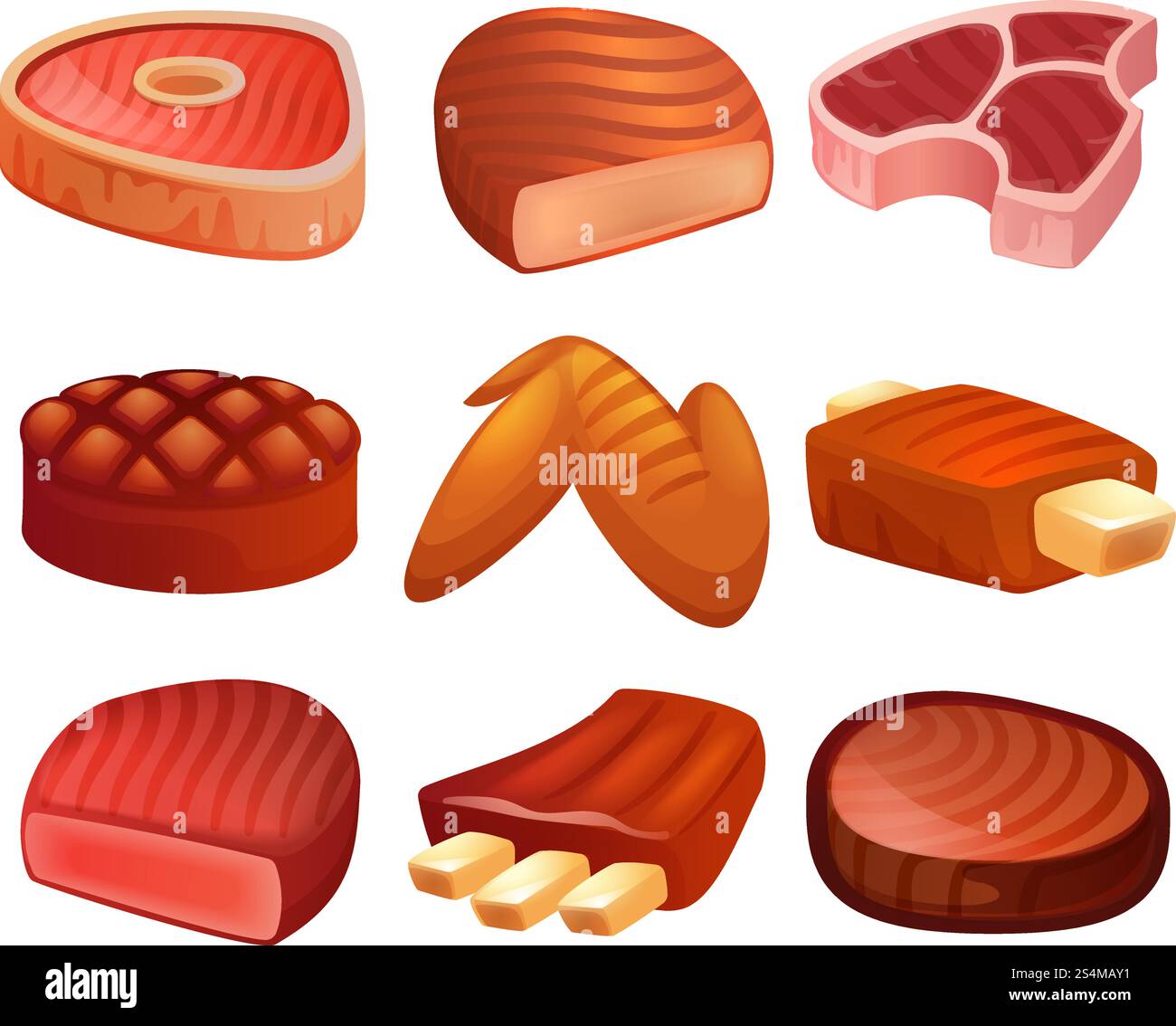 Steaksymbole eingestellt. Zeichentricksatz von Steakvektorsymbolen für Webdesign. Steaksymbole Set, Zeichentrickstil Stock Vektor