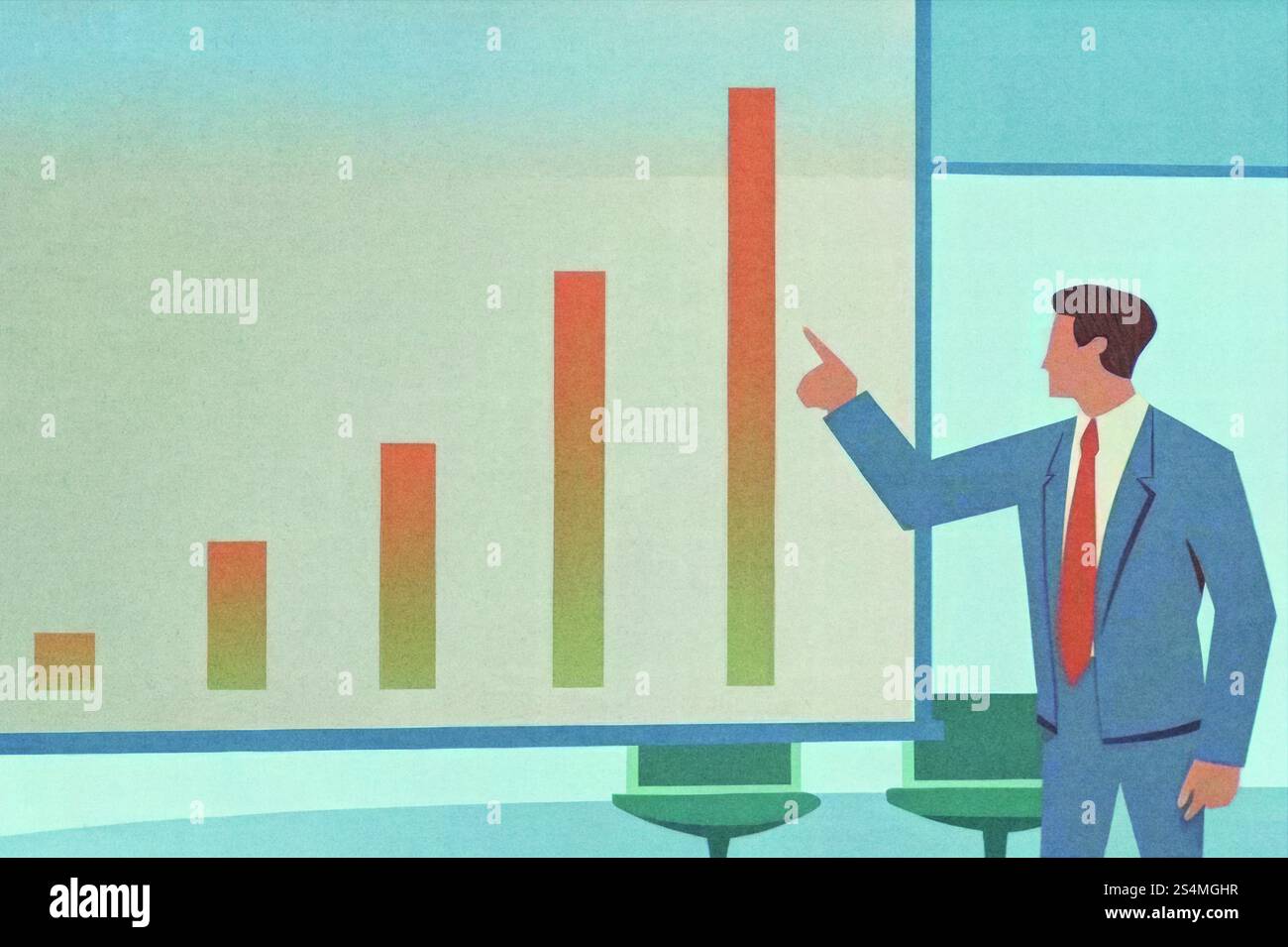 Ein Profi spricht ein Publikum in einem schlanken Büro an und präsentiert ein Balkendiagramm, das wichtige Wachstumstrends zeigt, in dem die Atmosphäre fokussiert und enga ist Stockfoto