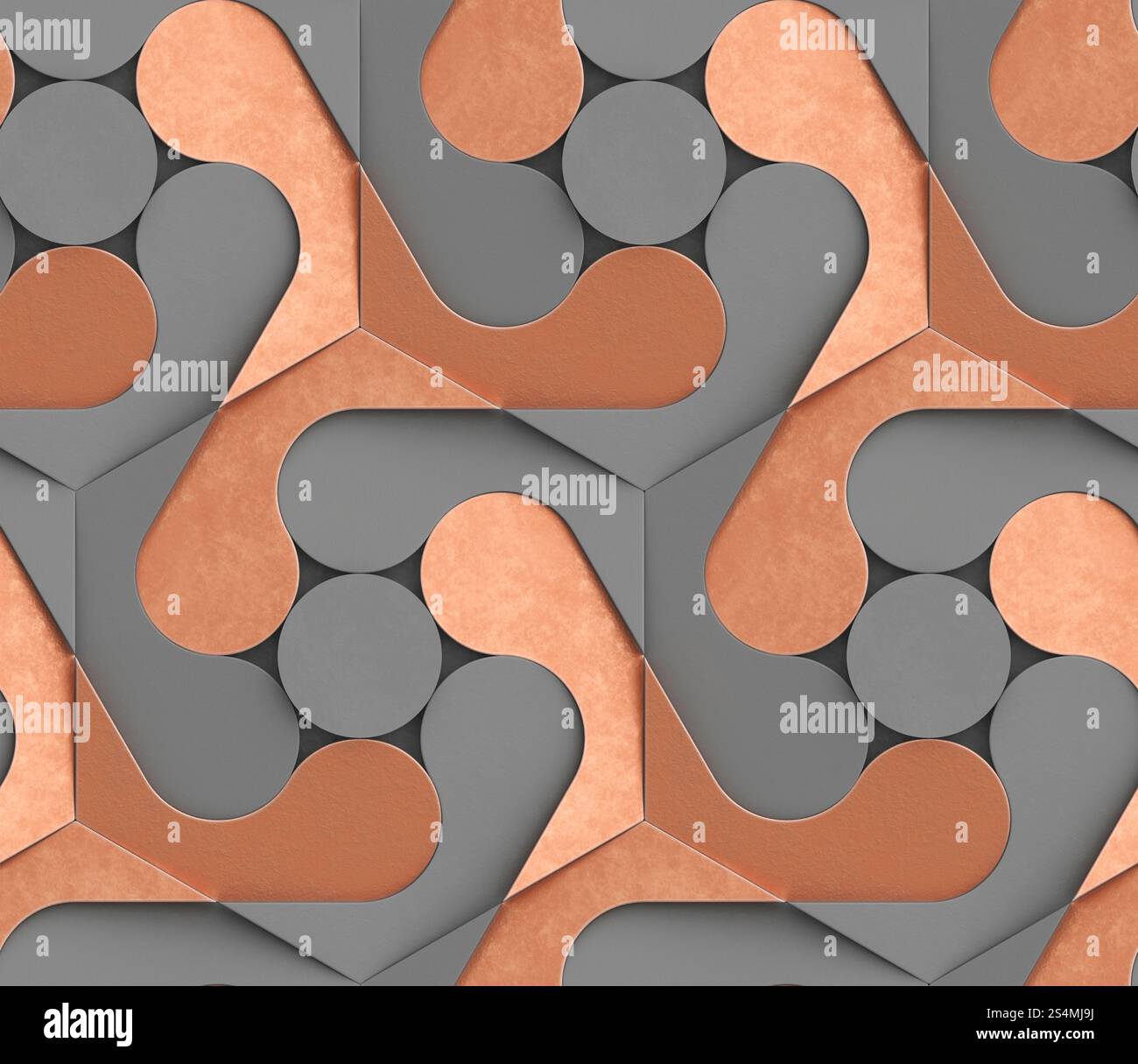 Dieses geometrische 3D-Muster zeigt eine Mischung aus Kreisen, Kurven und Linien in einem dynamischen Layout, perfekt für moderne Tapetendesigns mit seinen geformten Formen Stockfoto