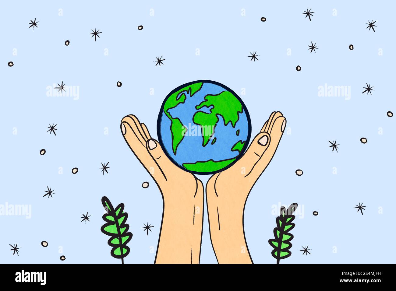 Illustrierte Hände wiegen die Erde vor einem sternenklaren Hintergrund und symbolisieren globale Pflege und Umweltschutz Grüne Blätter ergänzen das Thema Stockfoto