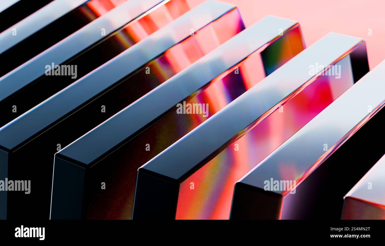 Ein atemberaubendes 3D-Rendering mit schlanken Metallstäben und farbenfrohen Kristalllichtern sorgt für ein modernes, künstlerisches Erscheinungsbild, das ideal für die reflektierenden Oberflächen ist Stockfoto