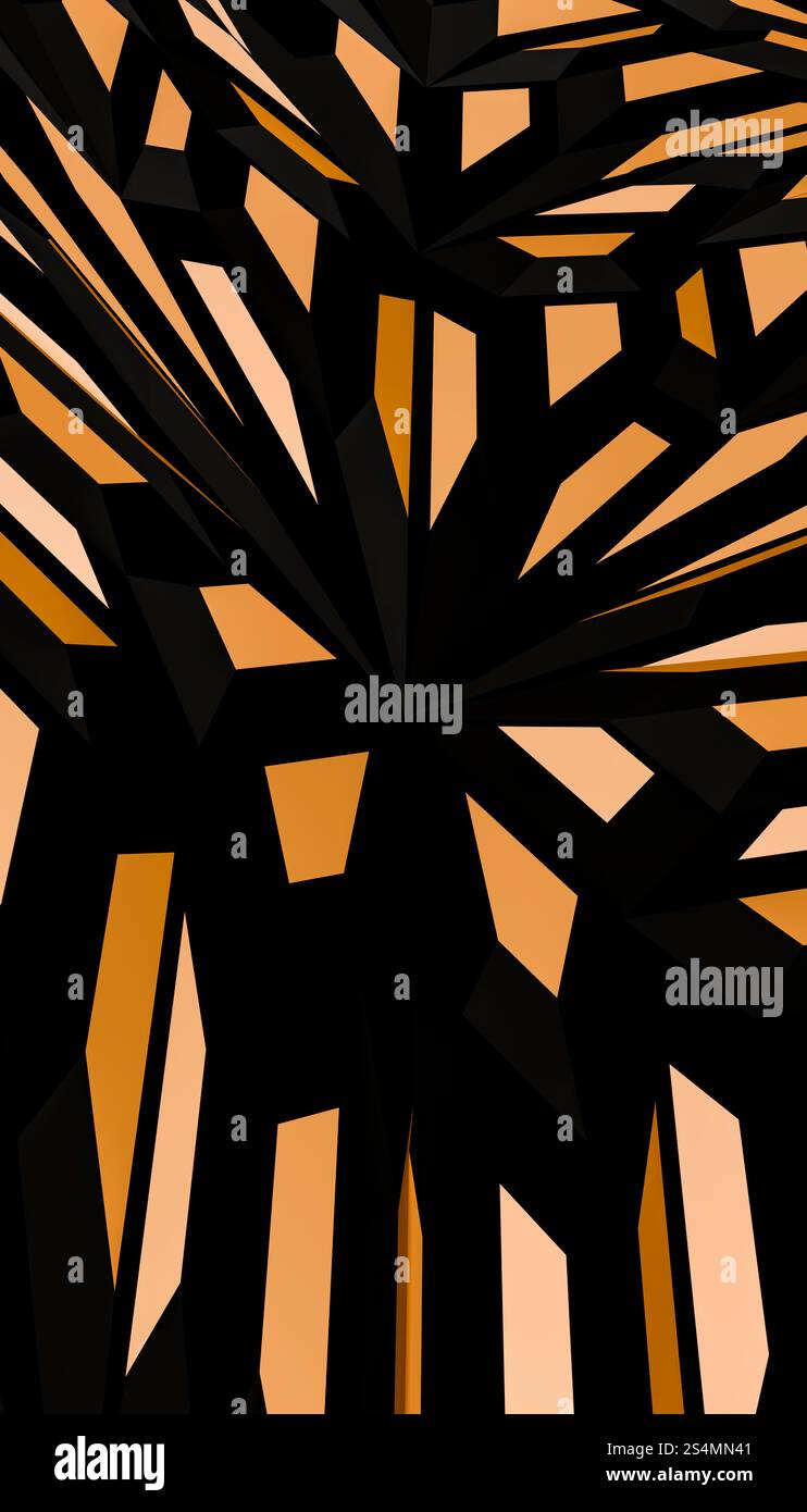 Ein visuell fesselndes 3D-Rendering mit einem komplexen geometrischen Muster in Schwarz und Gold für ein modernes und elegantes Design Stockfoto