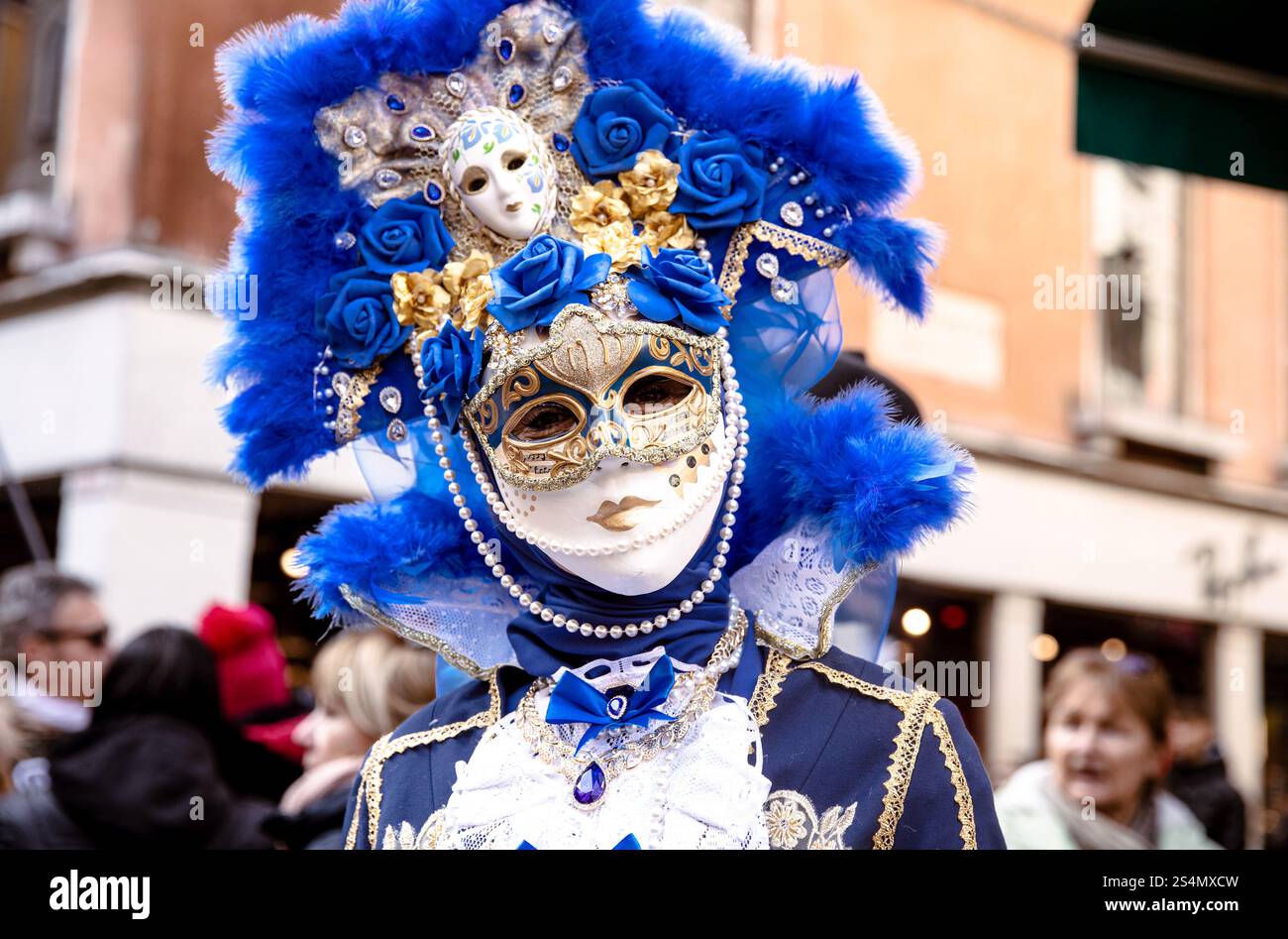 Exquisite Karnevalsmaske mit blauen Federn und raffiniertem Gold de Stockfoto