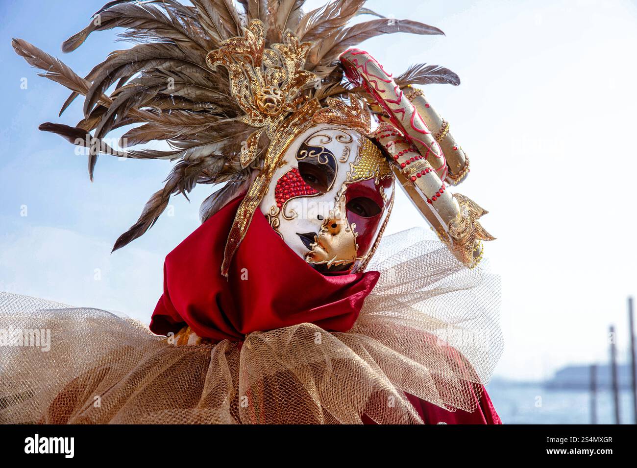 Venezianische Karnevalsmaske mit Federn und goldenen Details Stockfoto