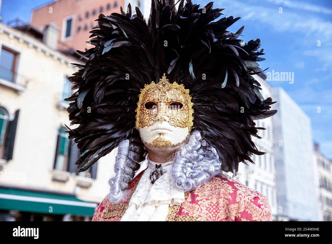 Filigrane venezianische Karnevalsmaske mit Federkopfschmuck Stockfoto