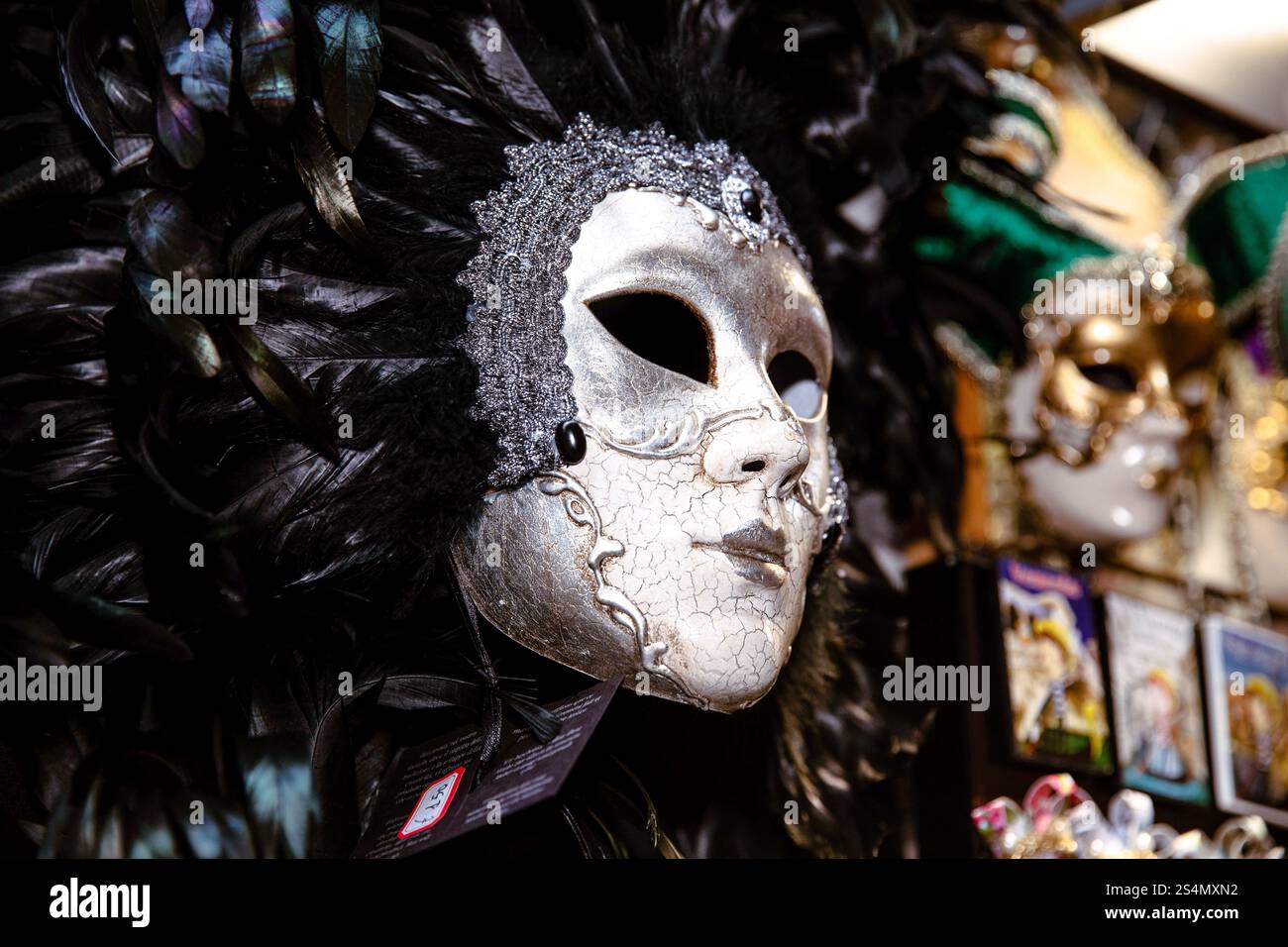Filigrane silberne venezianische Maske mit Federn in einem Carn Stockfoto