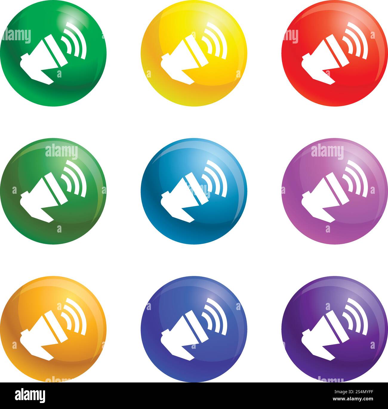 Laute Megaphon-Symbole Vektor 9 Farbsatz isoliert auf weißem Hintergrund für jedes Web-Design. Laute Megaphon-Symbole setzen den Vektor Stock Vektor