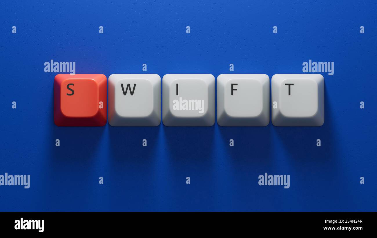 Computertastaturtasten mit schnellem Geschäftswort. Nahaufnahme der Computertastaturtasten, Business Concept.3D-Rendering auf blauem Hintergrund. Stockfoto